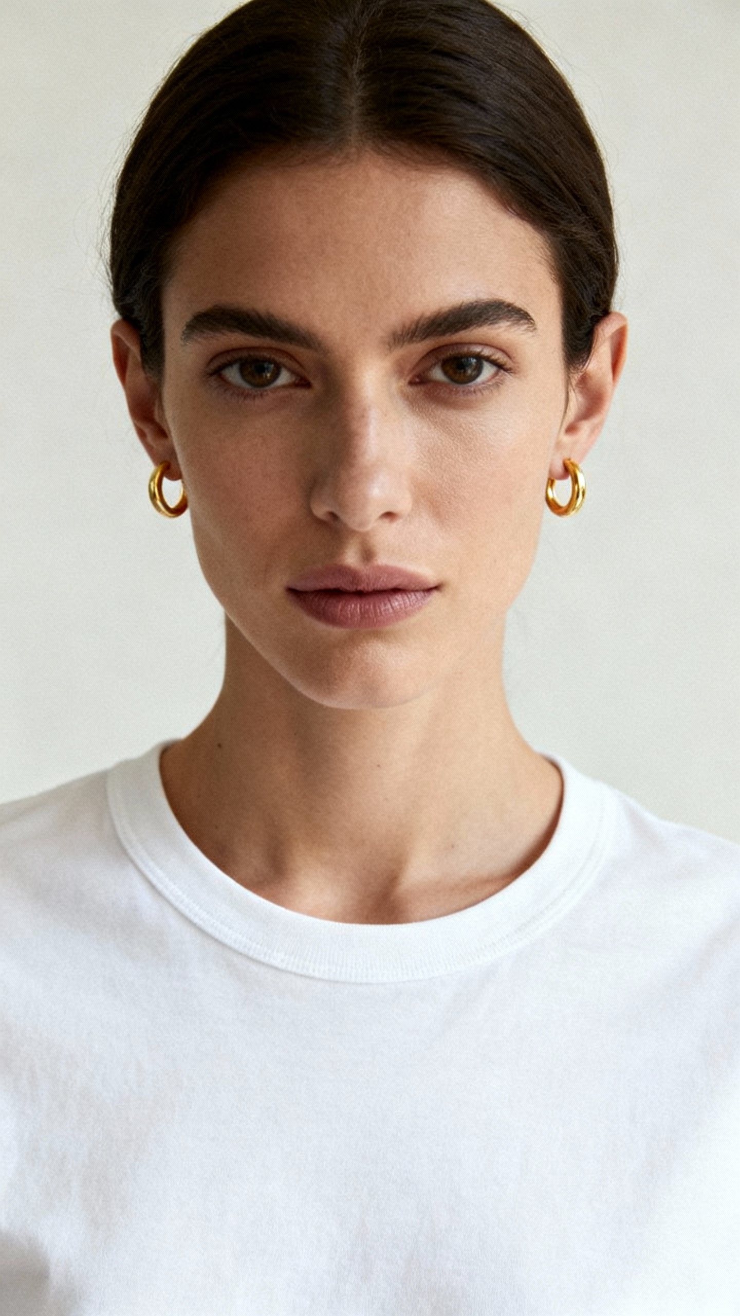 Minimal gold hoops on model, crisp white tee, clean lighting