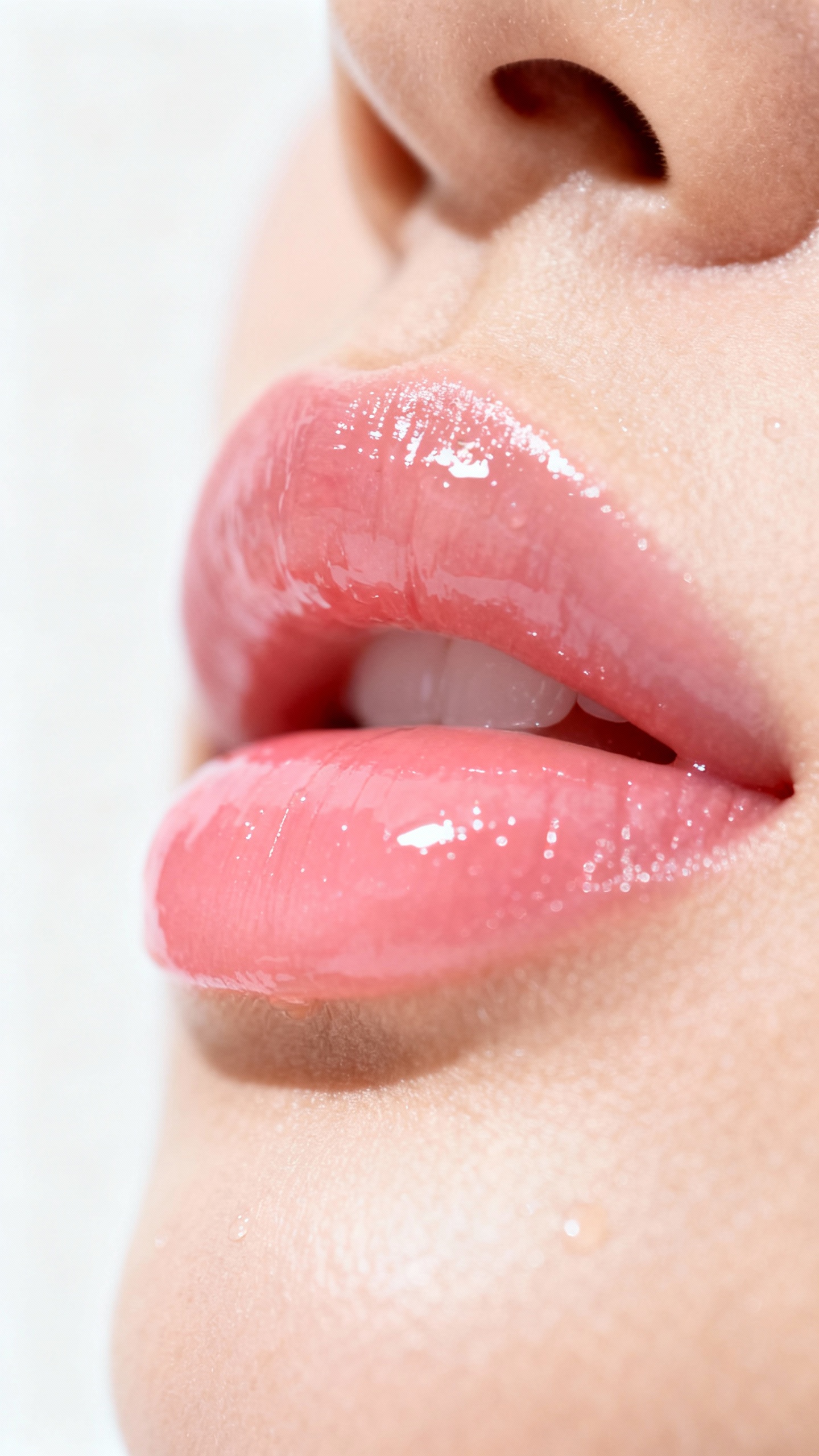 Sheer tinted lip balm close-up, dewy skin, professional studio light