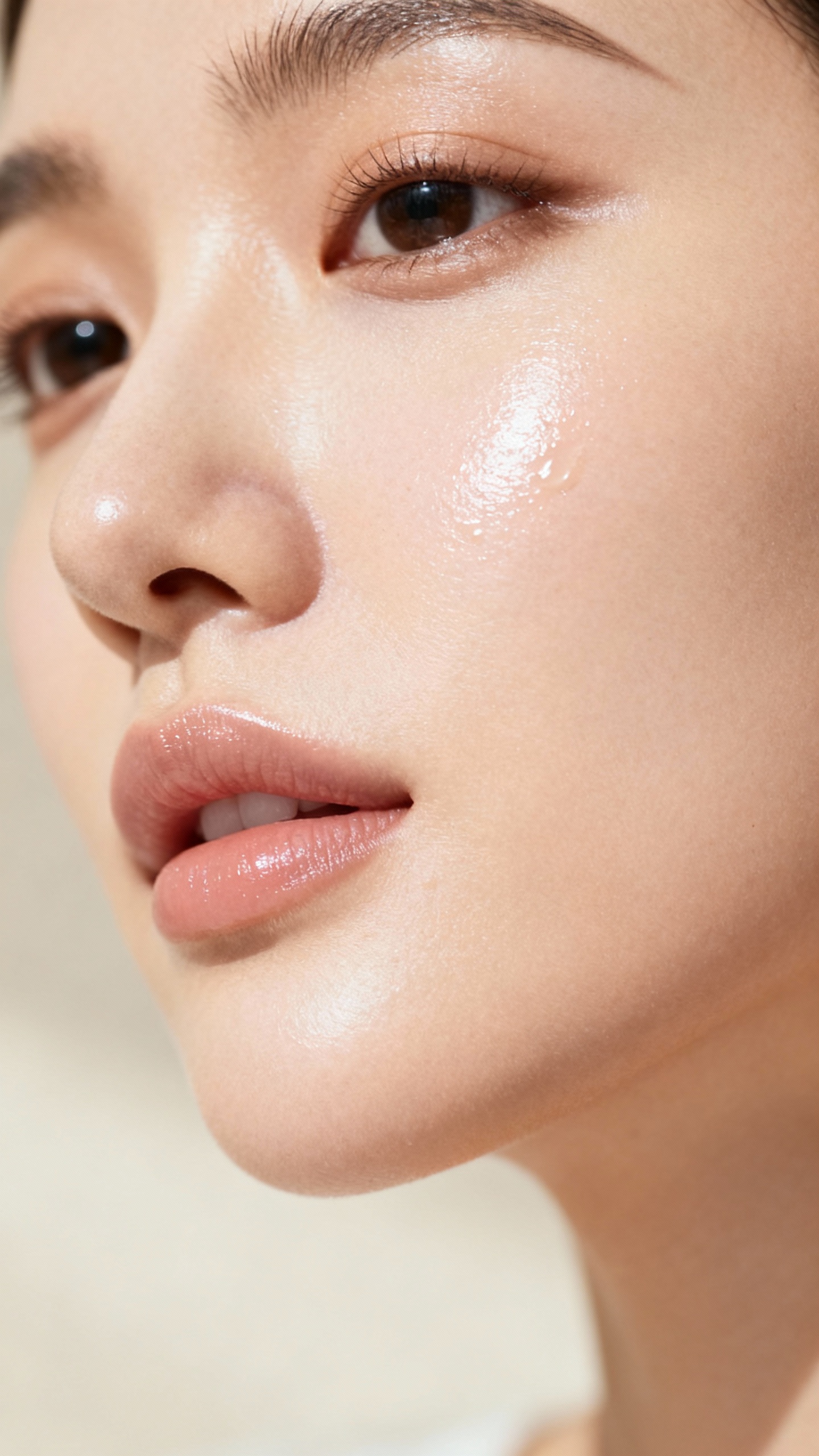 dewy cheek close-up with ceramide-rich glow, studio lighting