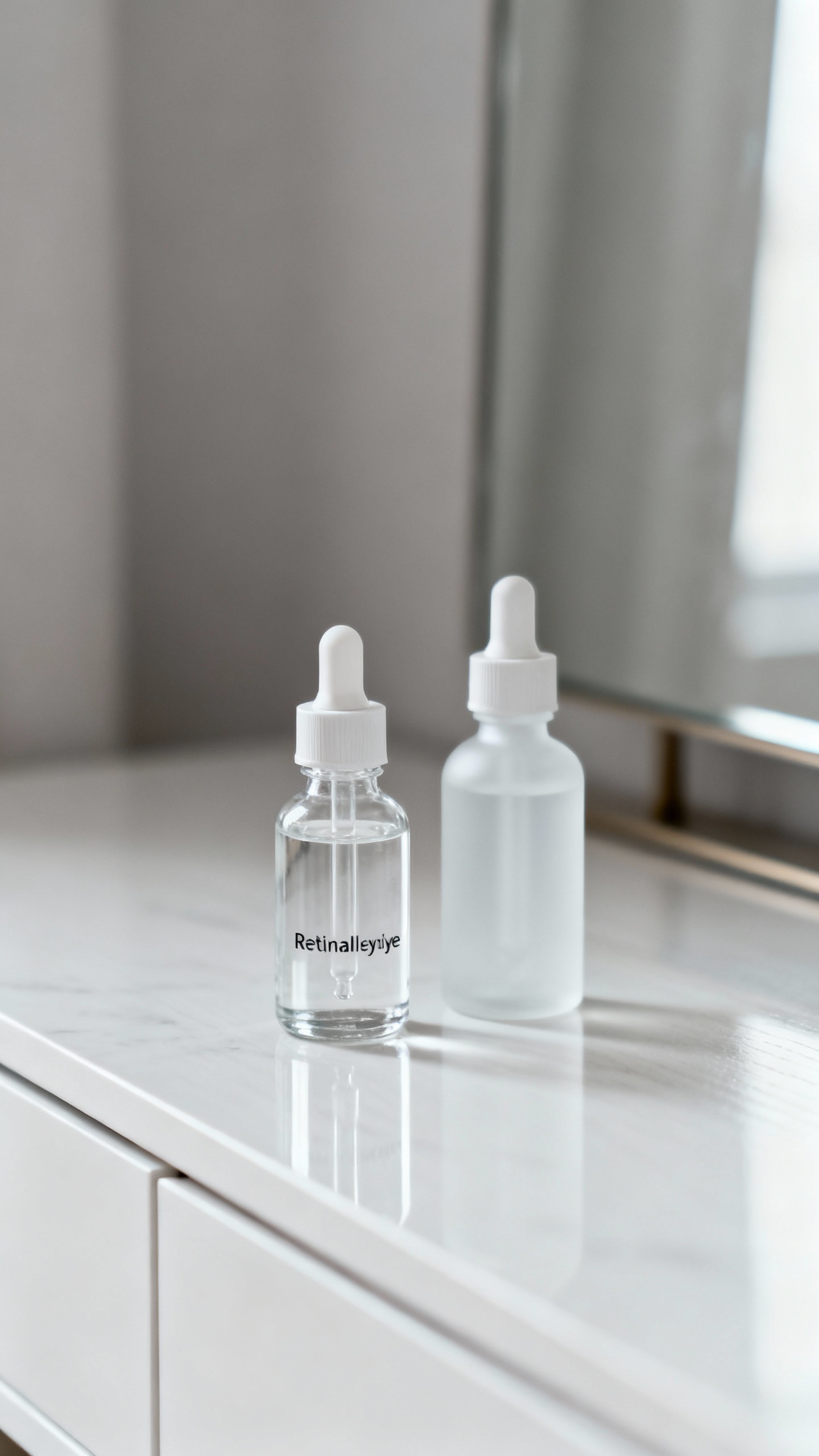 minimalist vanity: retinaldehyde serum bottle beside squalane dropper