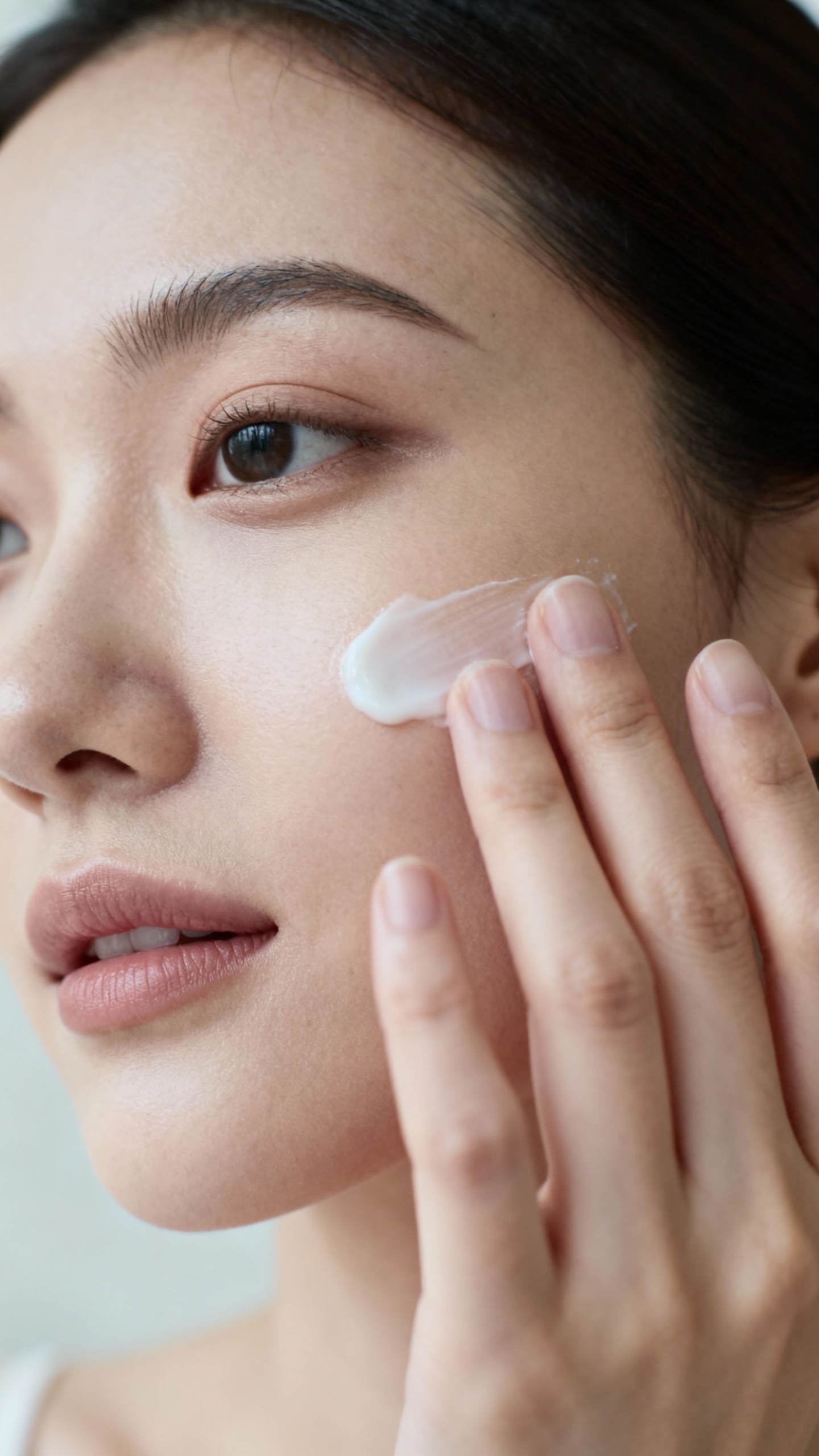 model applying postbiotic cream, clean backdrop, neutral tones