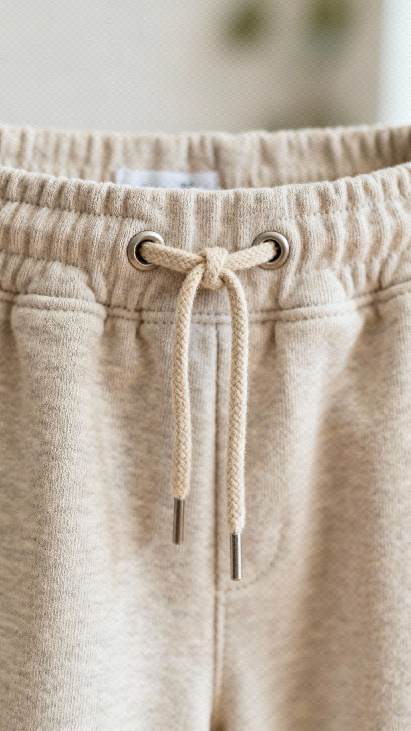 close-up adjustable drawstring waistband on organic jersey joggers