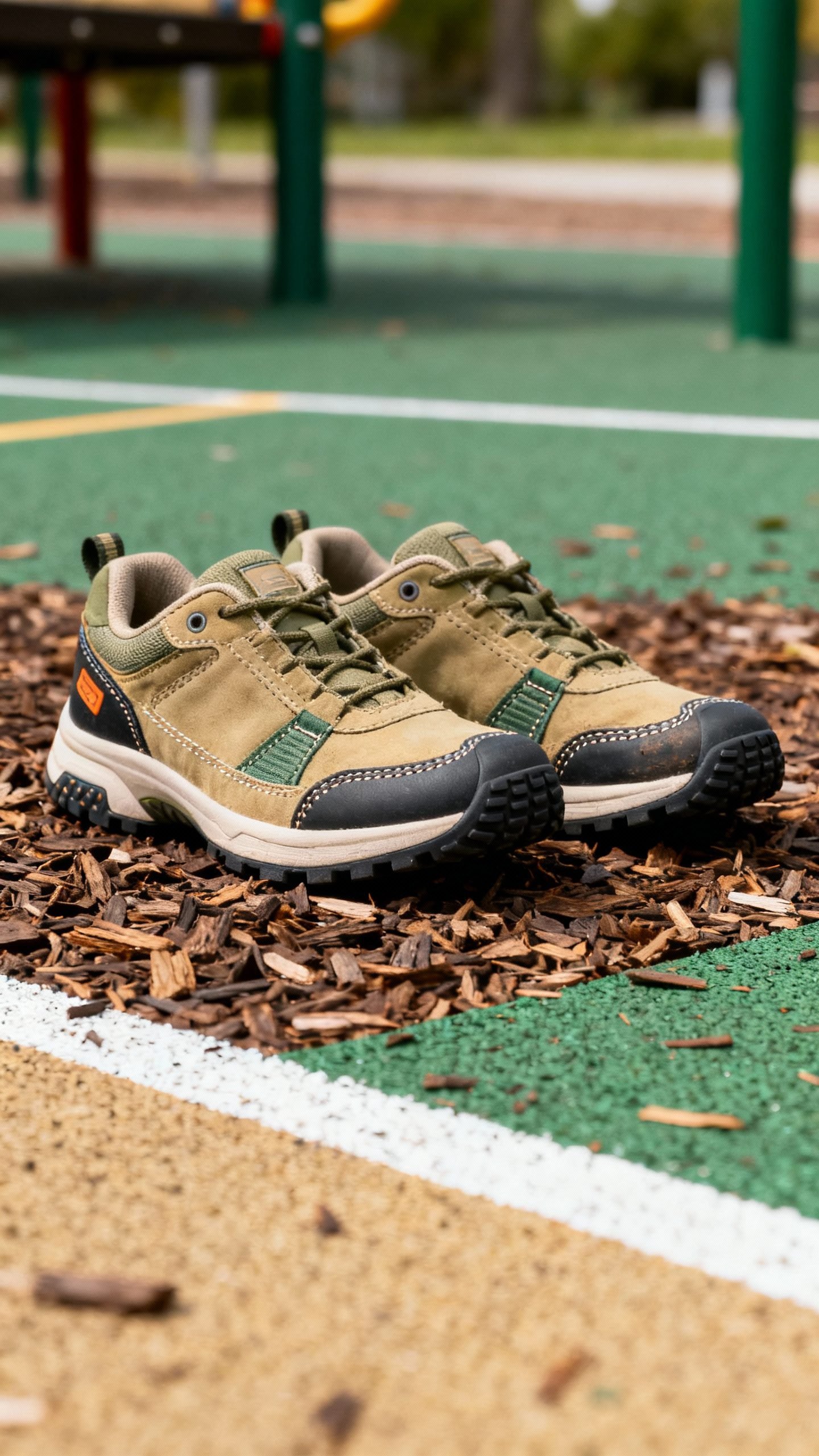 durable recess-ready sneakers on playground, scuff-resistant detail