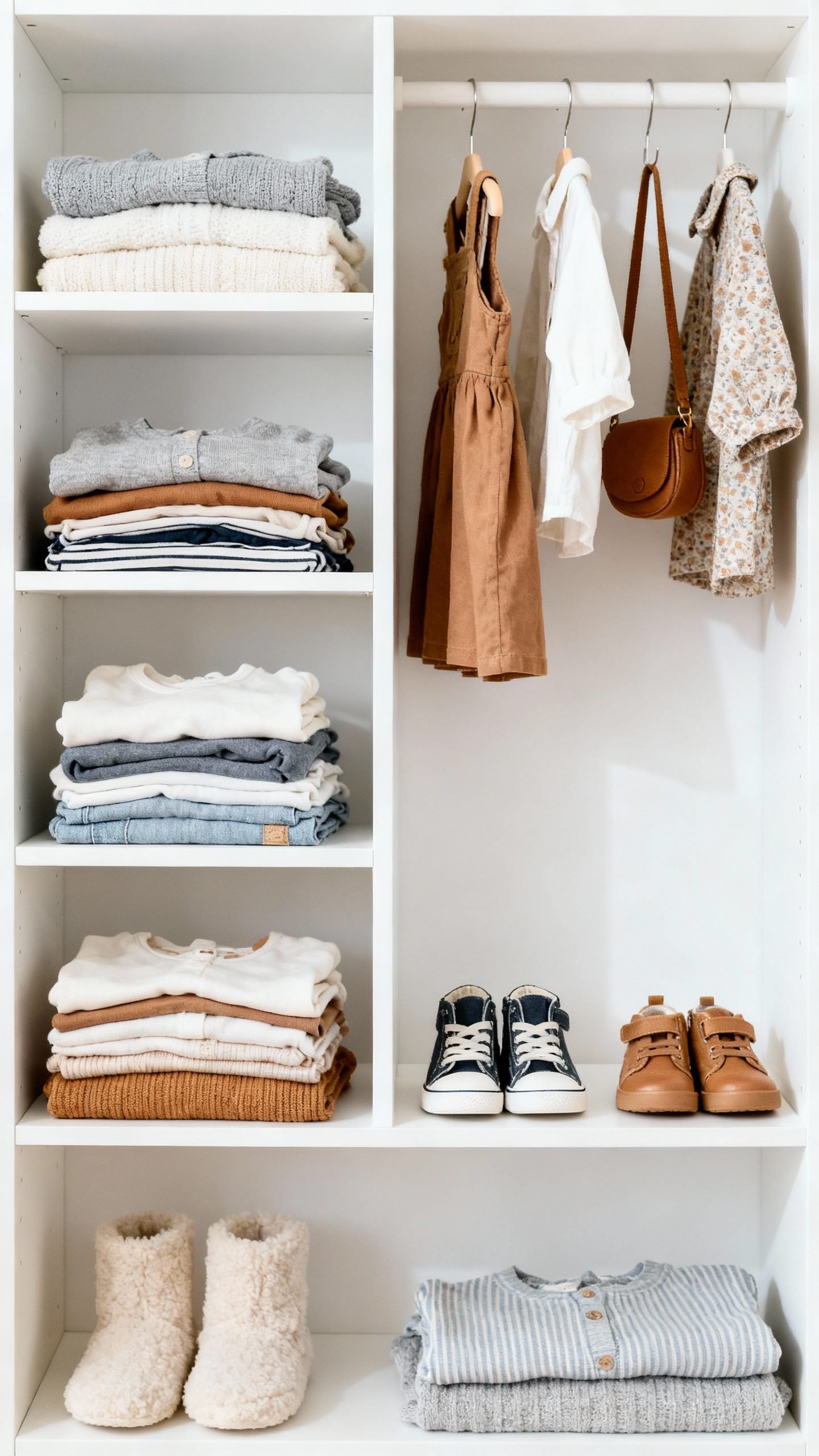 neatly arranged kids capsule wardrobe on white background
