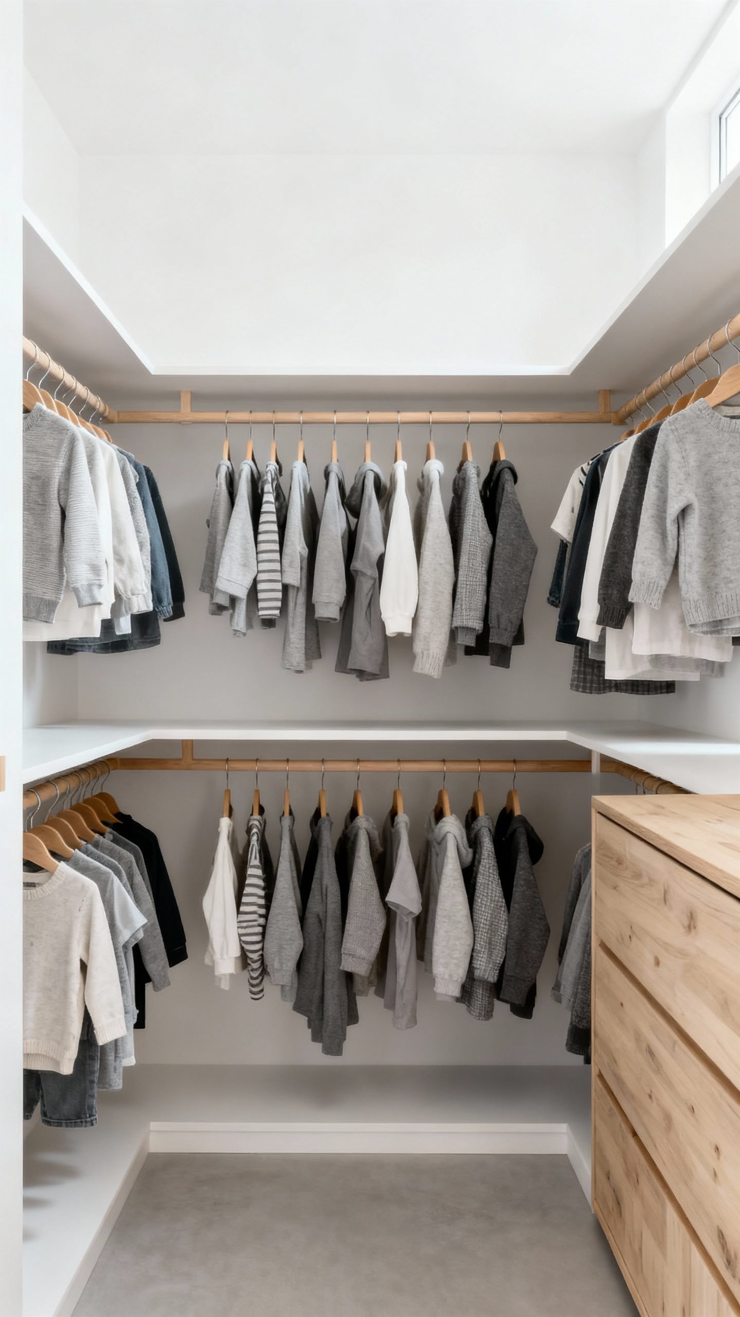 minimalist kids closet with 20–30 pieces on wooden hangers