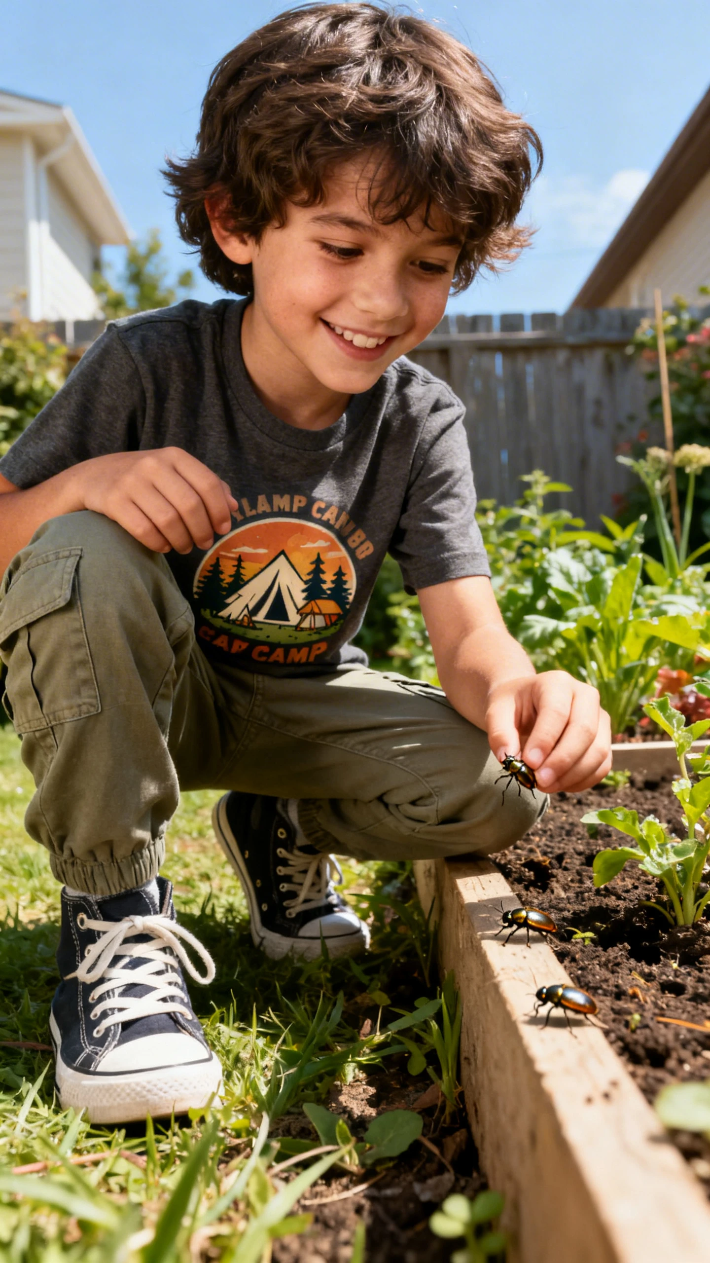 A child in a camp-ready graphic tee and cargo joggers with sturdy sneakers, happy, crouching to examine bugs near a backyard garden bed, candid close-up, casual iPhone photo style, sunny day, outdoor setting.
