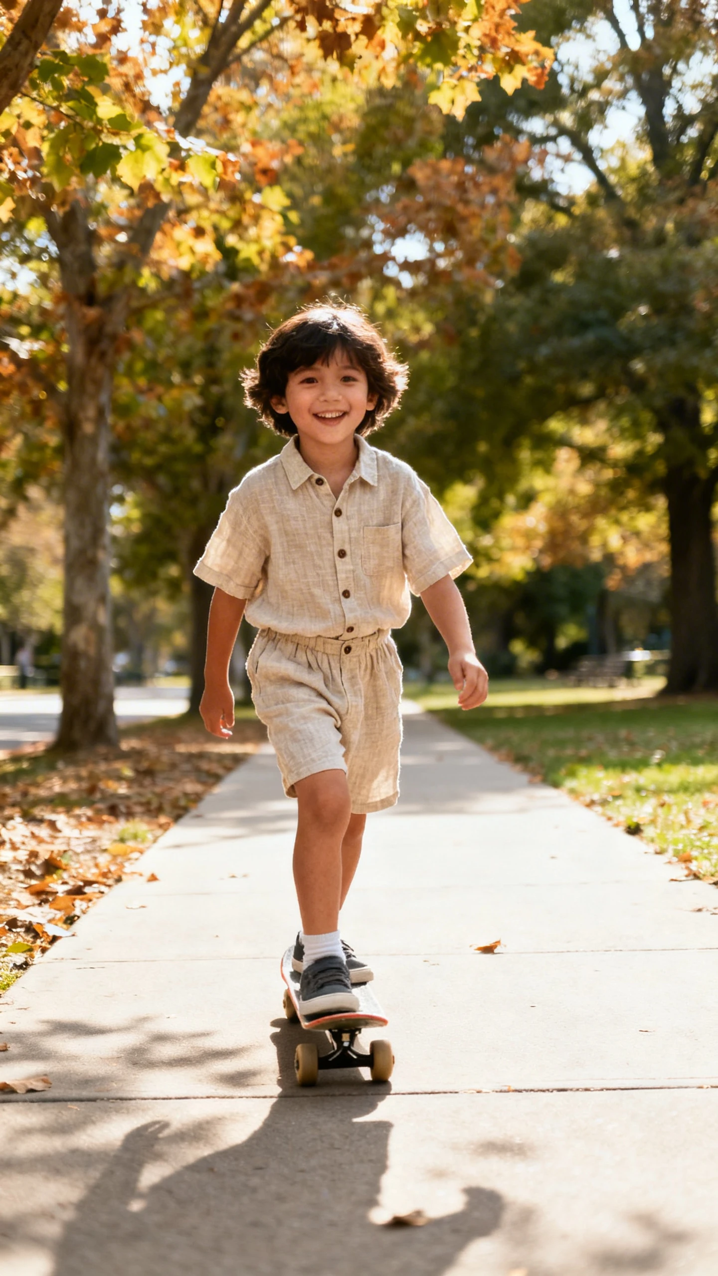 A child in a lightweight linen-blend short-sleeve button-up and pull-on shorts, happy, scooting along a sidewalk by a leafy park, slightly backlit, casual iPhone photo style, sunny day, outdoor setting.