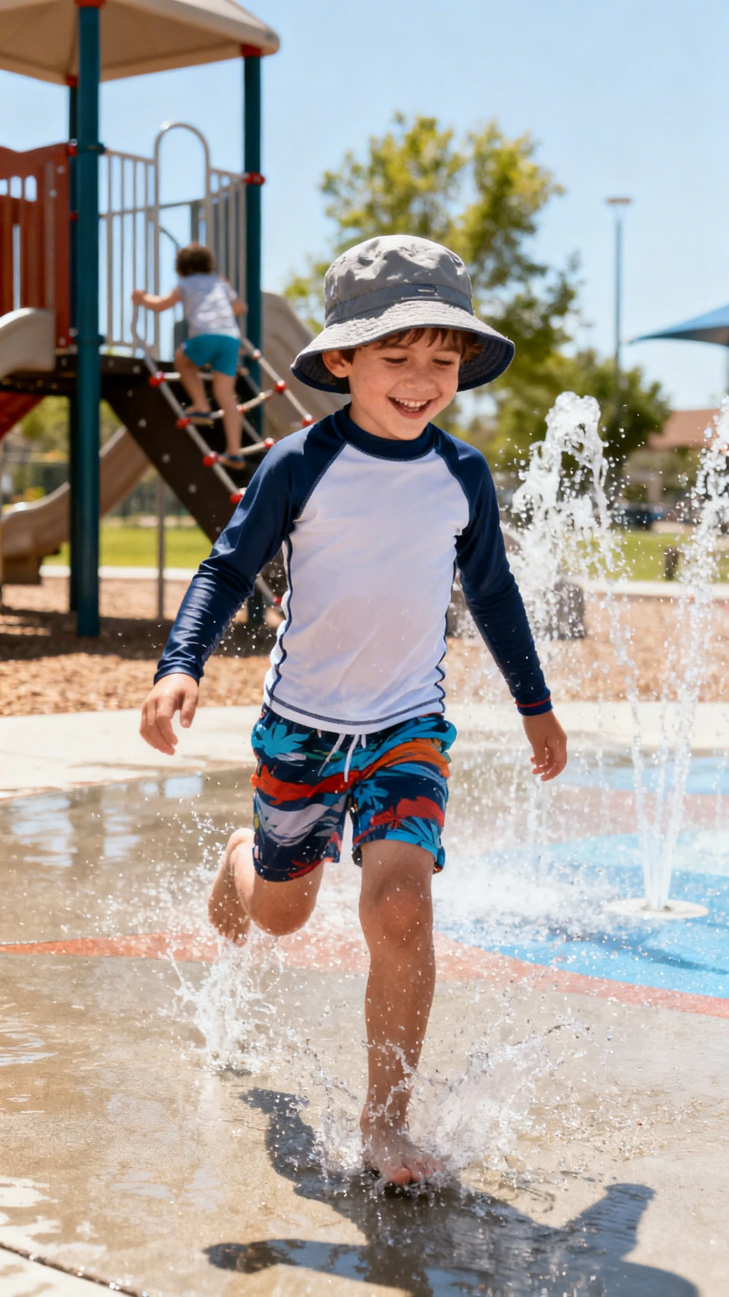 A child in a sun-smart swim set (long-sleeve rash guard and swim shorts) with a bucket hat, happy, splashing at a park splash pad and climbing nearby play structures, casual iPhone photo style, sunny day, outdoor setting.