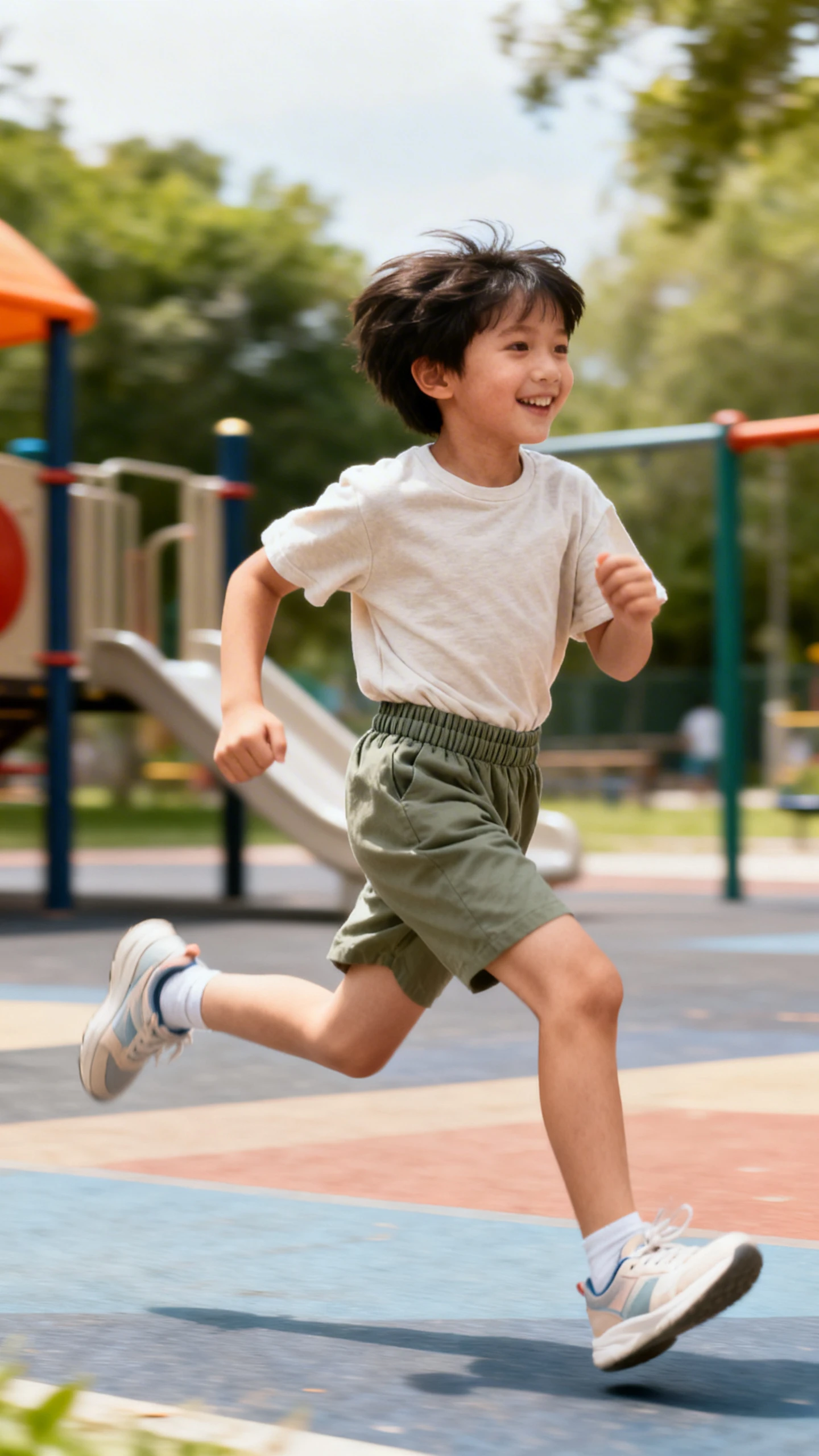 A child wearing a breezy cotton tee and sporty elastic-waist shorts with lightweight sneakers, happy, sprinting across a playground, casual iPhone photo style, natural daylight, outdoor setting.