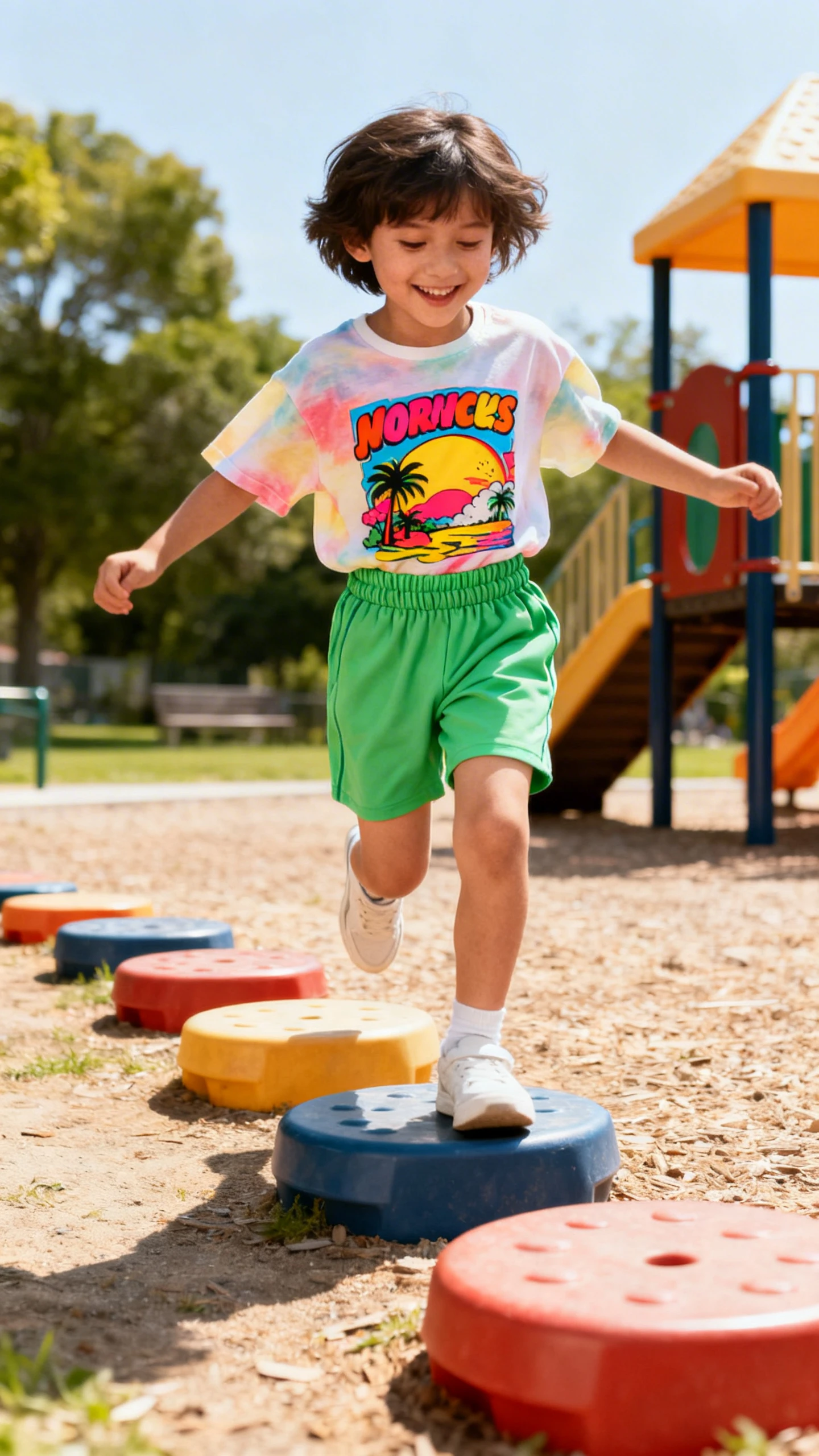 A child wearing a breezy graphic tee with bright print and stretch shorts with an elastic waist, happy, hopping between playground stepping stones, casual iPhone photo style, natural daylight, outdoor setting.
