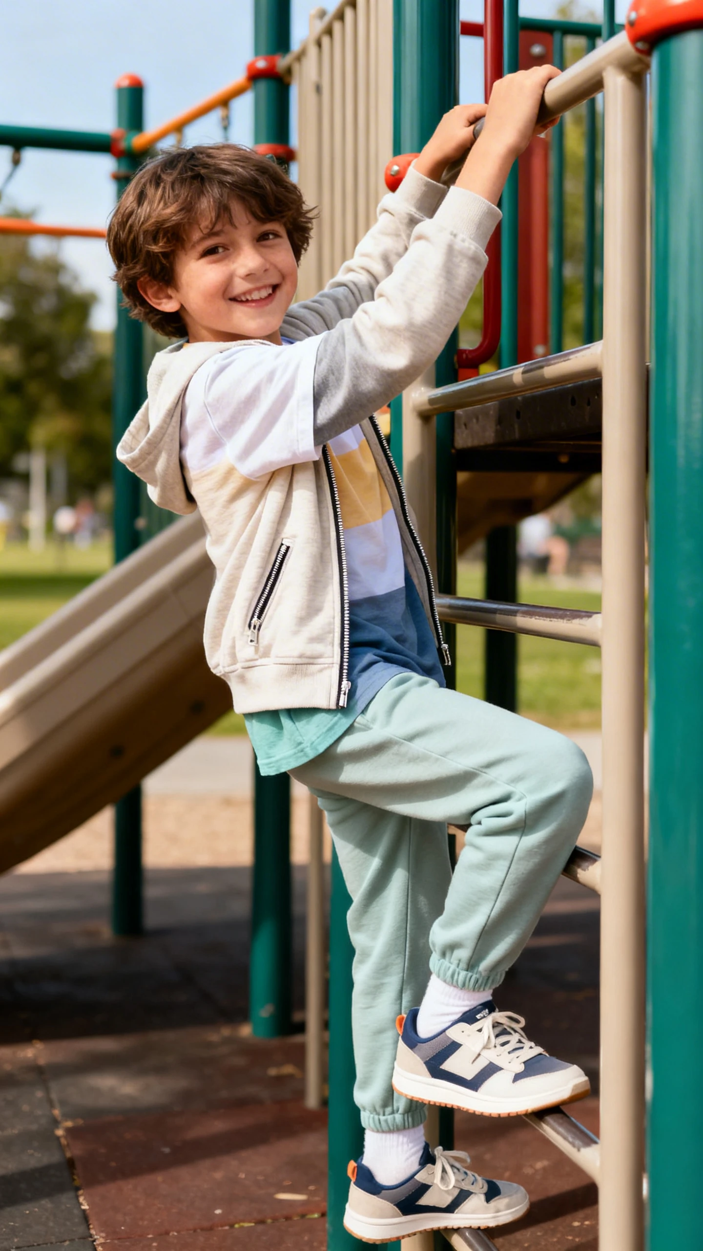 A child wearing a breezy layered tee with a lightweight zip hoodie and soft joggers with comfy sneakers, happy, climbing at a playground, casual iPhone photo style, natural daylight, outdoor setting.