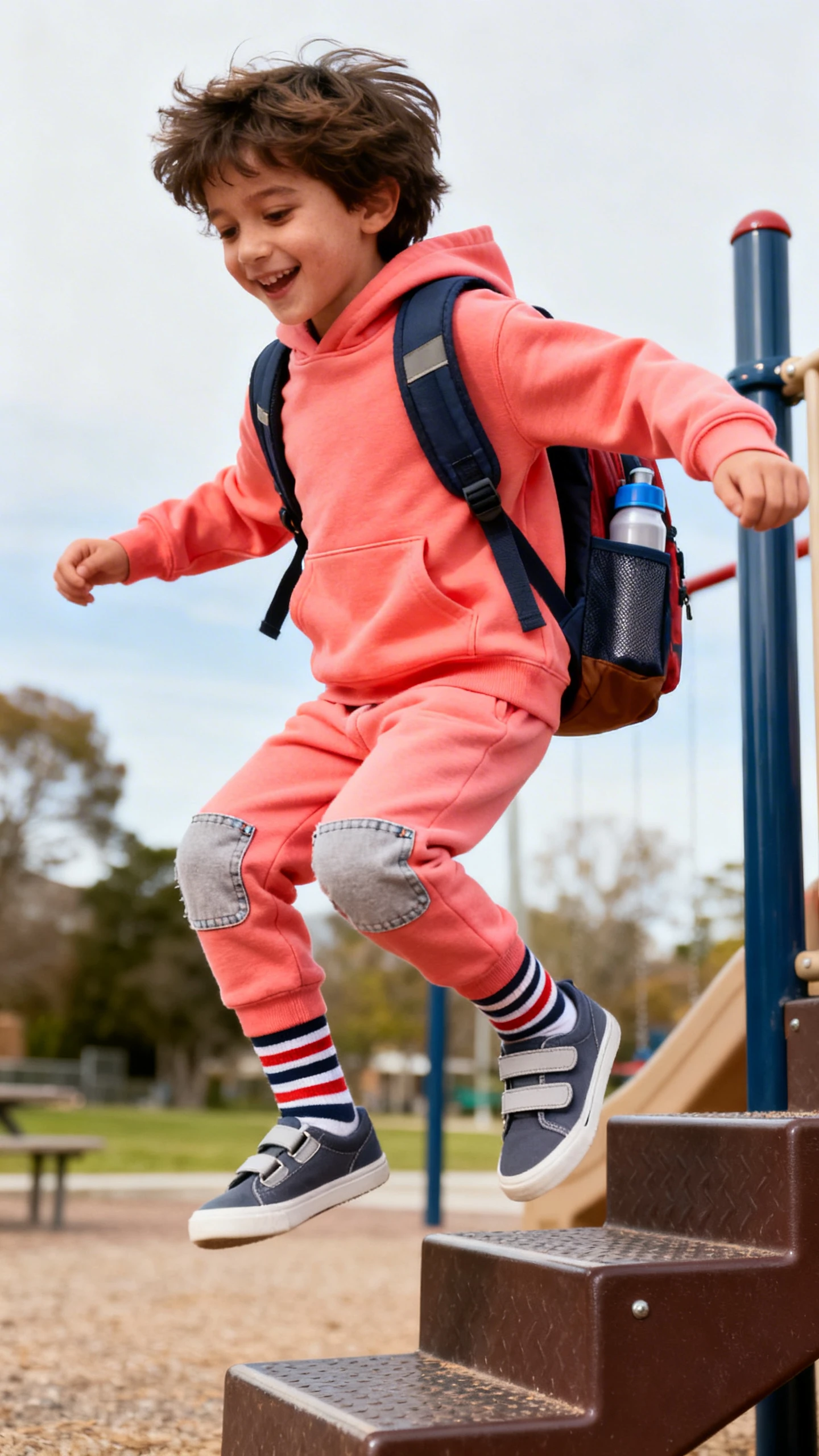 A child wearing a bright coral lightweight cotton hoodie, French terry joggers with reinforced knees, breathable striped crew socks, Velcro sneakers, and a durable backpack with a water bottle pocket, happy, jumping off a playground step, casual iPhone photo style, natural daylight, outdoor setting.