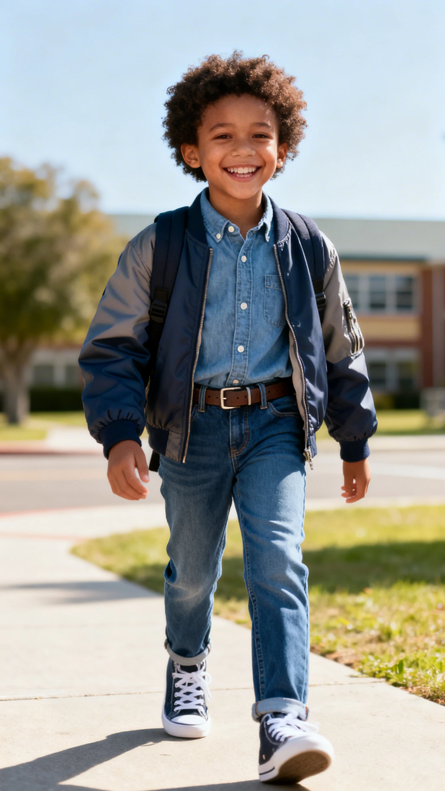 A child wearing a chambray button-up, stretch denim jeans with a gentle taper, an adjustable belt, classic sneakers, and a lightweight bomber jacket, happy, walking to school with a big smile, casual iPhone photo style, sunny day, outdoor setting.