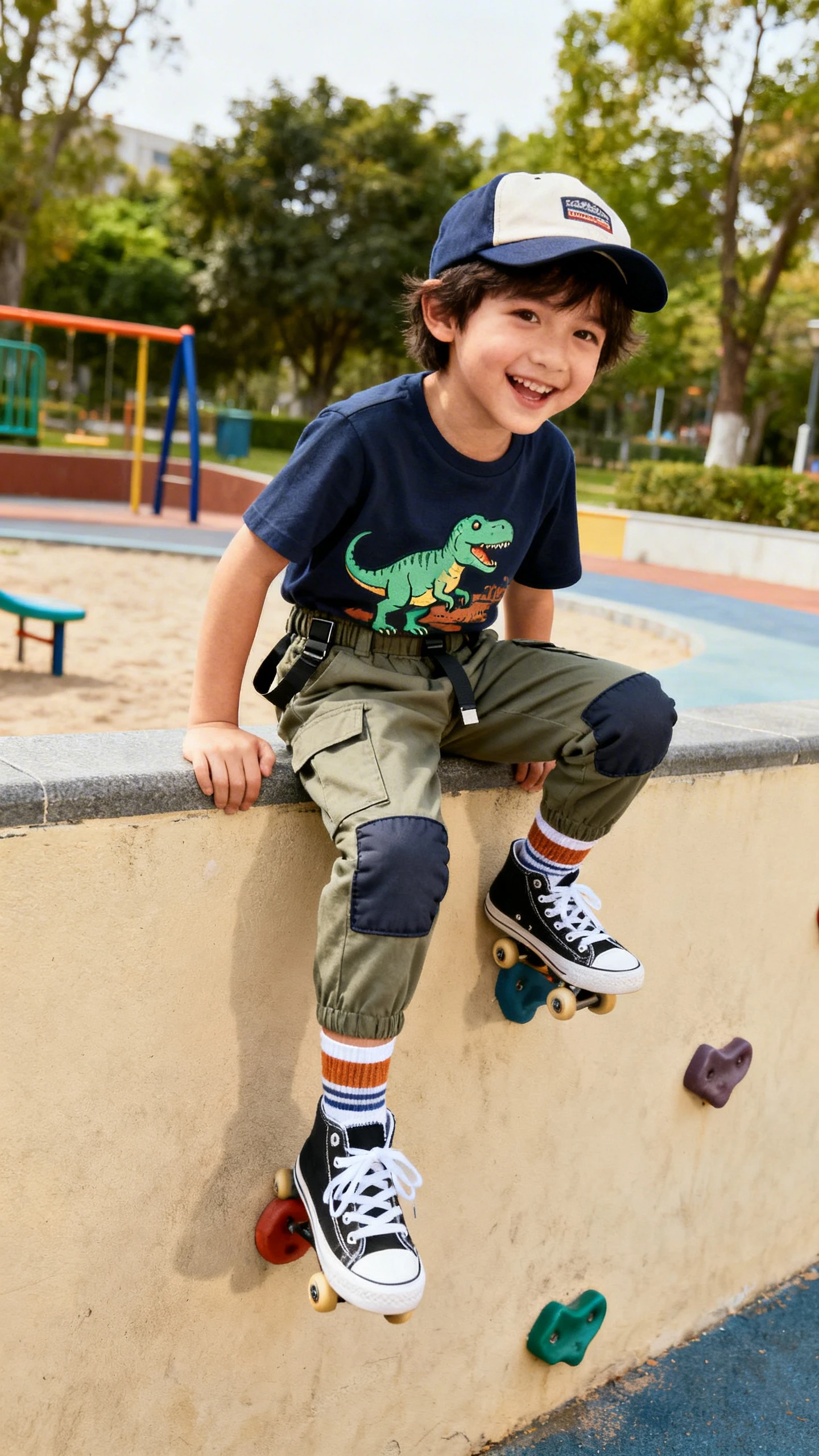 A child wearing a dinosaur graphic tee, utility pants with reinforced knees and adjustable waist, cushioned crew socks, skater-style sneakers, and a baseball cap, happy, climbing a low playground wall, casual iPhone photo style, natural daylight, outdoor setting.