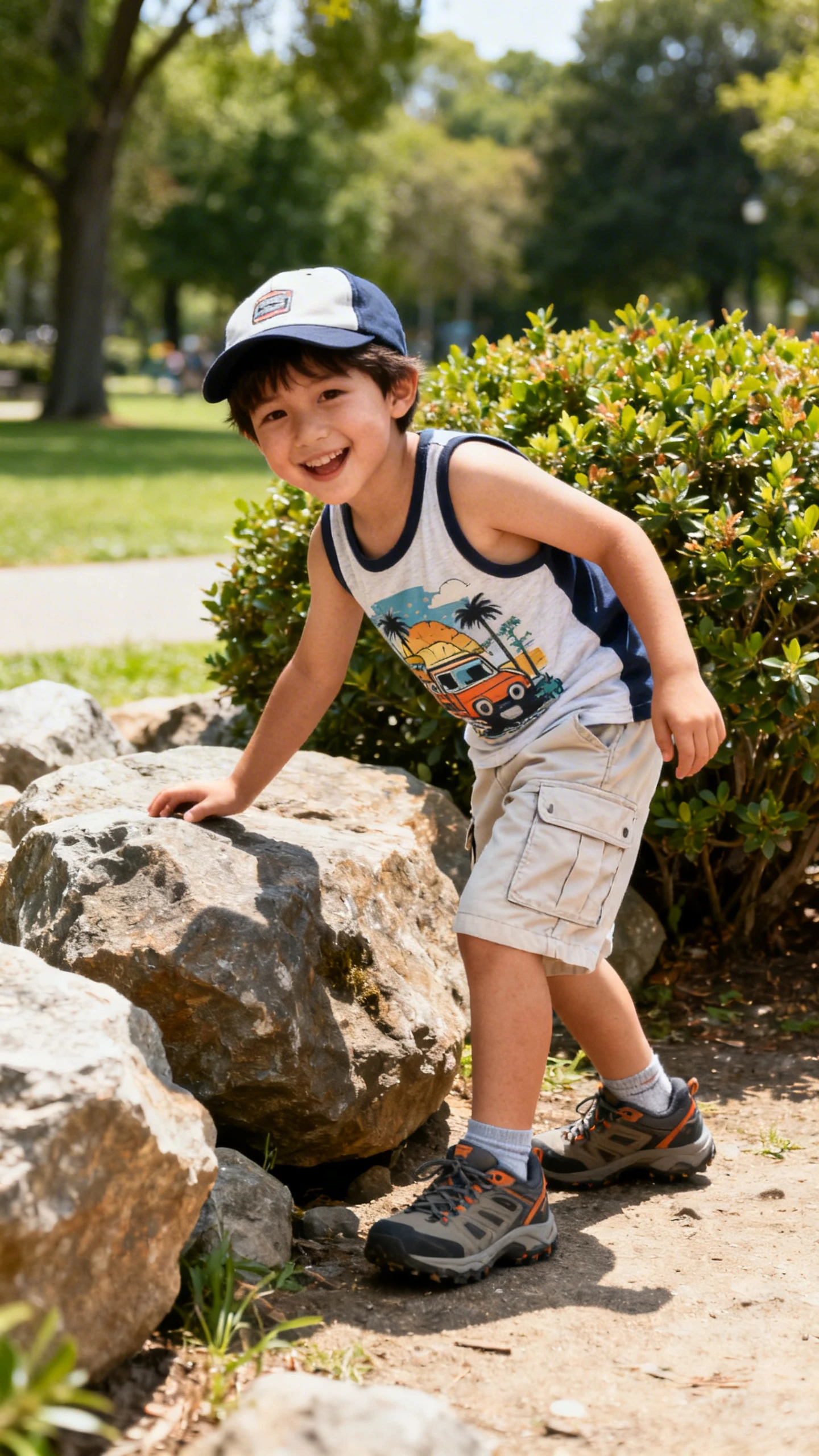 A child wearing a graphic tank and lightweight cargo shorts with trail sneakers and a cap, happy, exploring rocks and bushes at a park, casual iPhone photo style, natural daylight, outdoor setting.