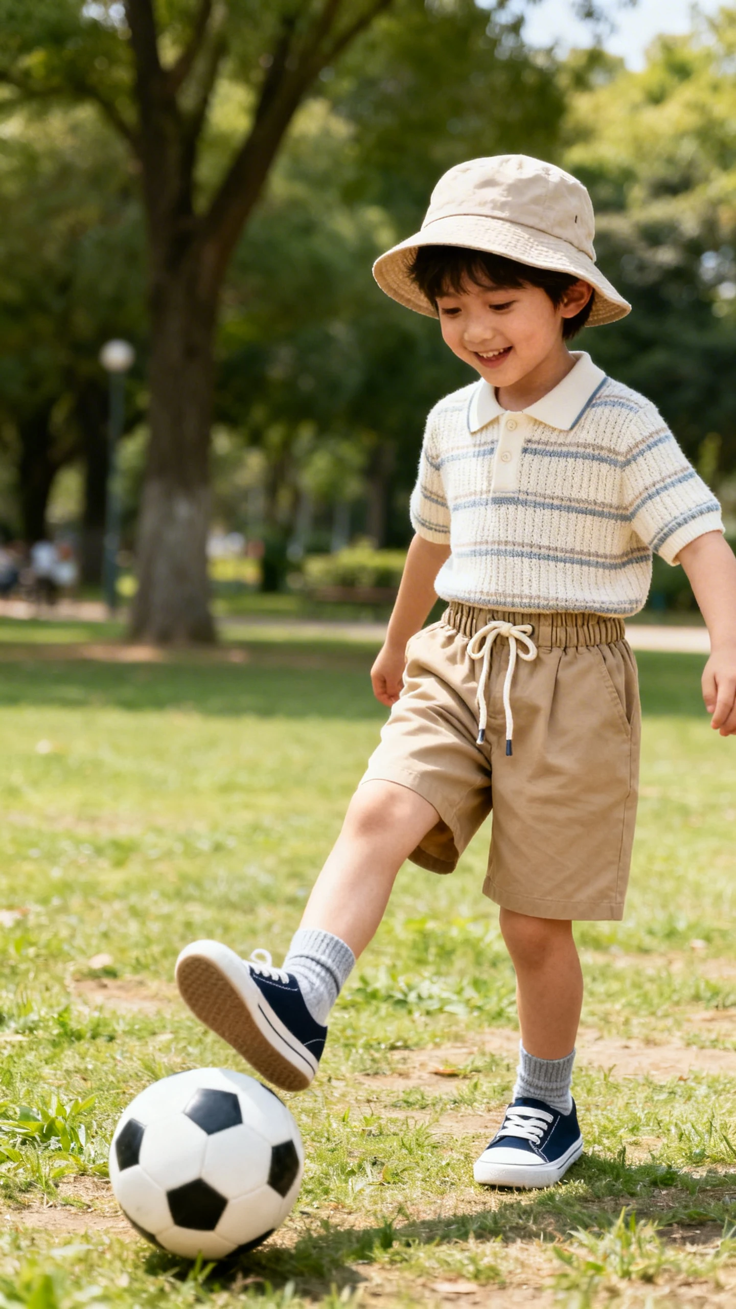 A child wearing a knit polo in subtle stripes, pull-on chino shorts with elastic waist and drawstring, cushioned ankle socks, slip-on sneakers, and a brimmed sun hat, happy, kicking a ball at the park, casual iPhone photo style, natural daylight, outdoor setting.