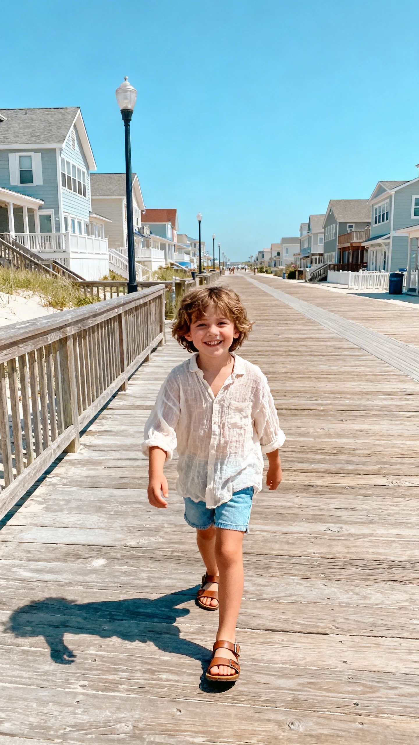 A child wearing a lightweight gauze shirt and soft denim shorts with sandals, happy, strolling along a beach-town boardwalk, casual iPhone photo style, sunny day, outdoor setting.