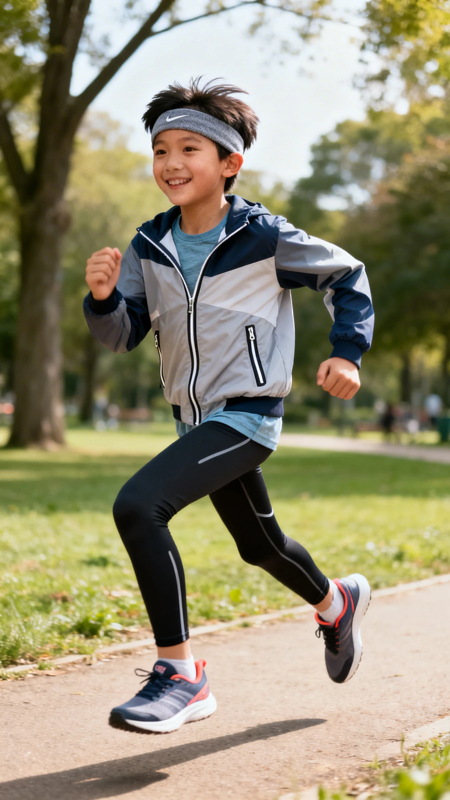 A child wearing a lightweight track jacket with zip pockets, performance leggings with flat seams, a breathable athletic tee, running sneakers with good arch support, and a sweat-wicking headband, happy, sprinting along a park trail, casual iPhone photo style, natural daylight, outdoor setting.
