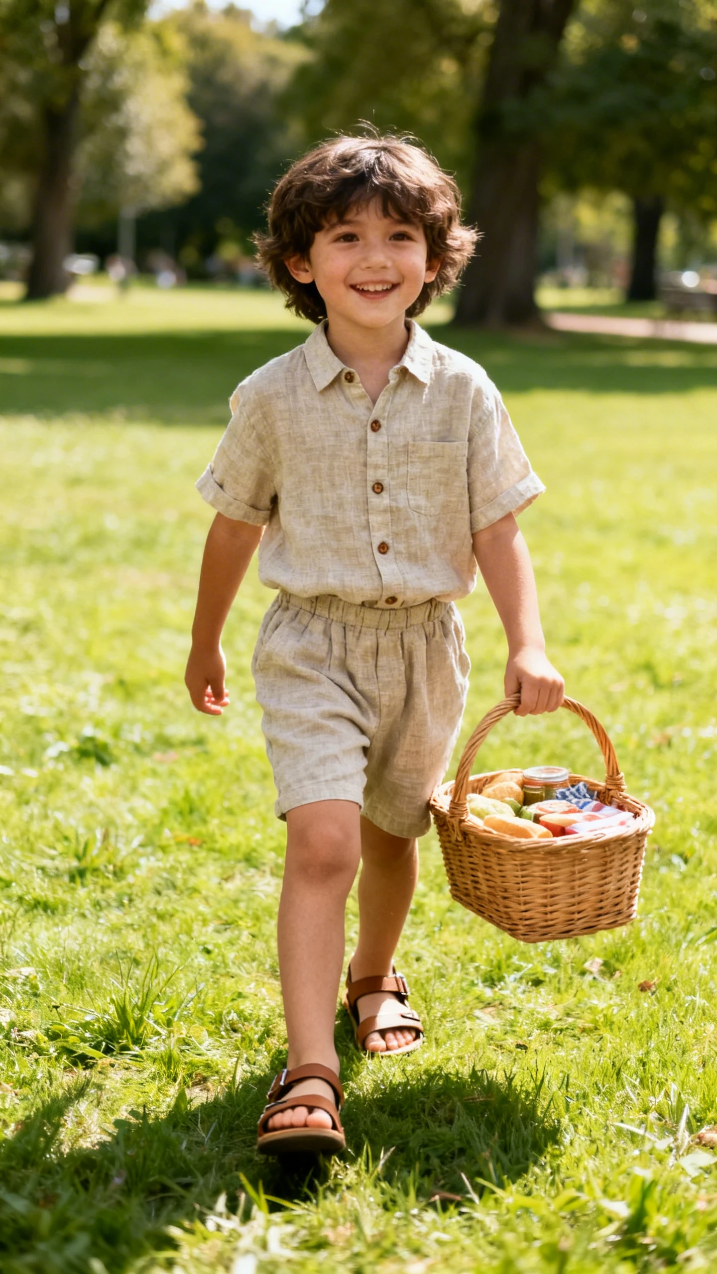 A child wearing a linen-blend short-sleeve button-down and pull-on shorts with sandals, happy, carrying a picnic basket on a grassy park lawn, casual iPhone photo style, sunny day, outdoor setting.