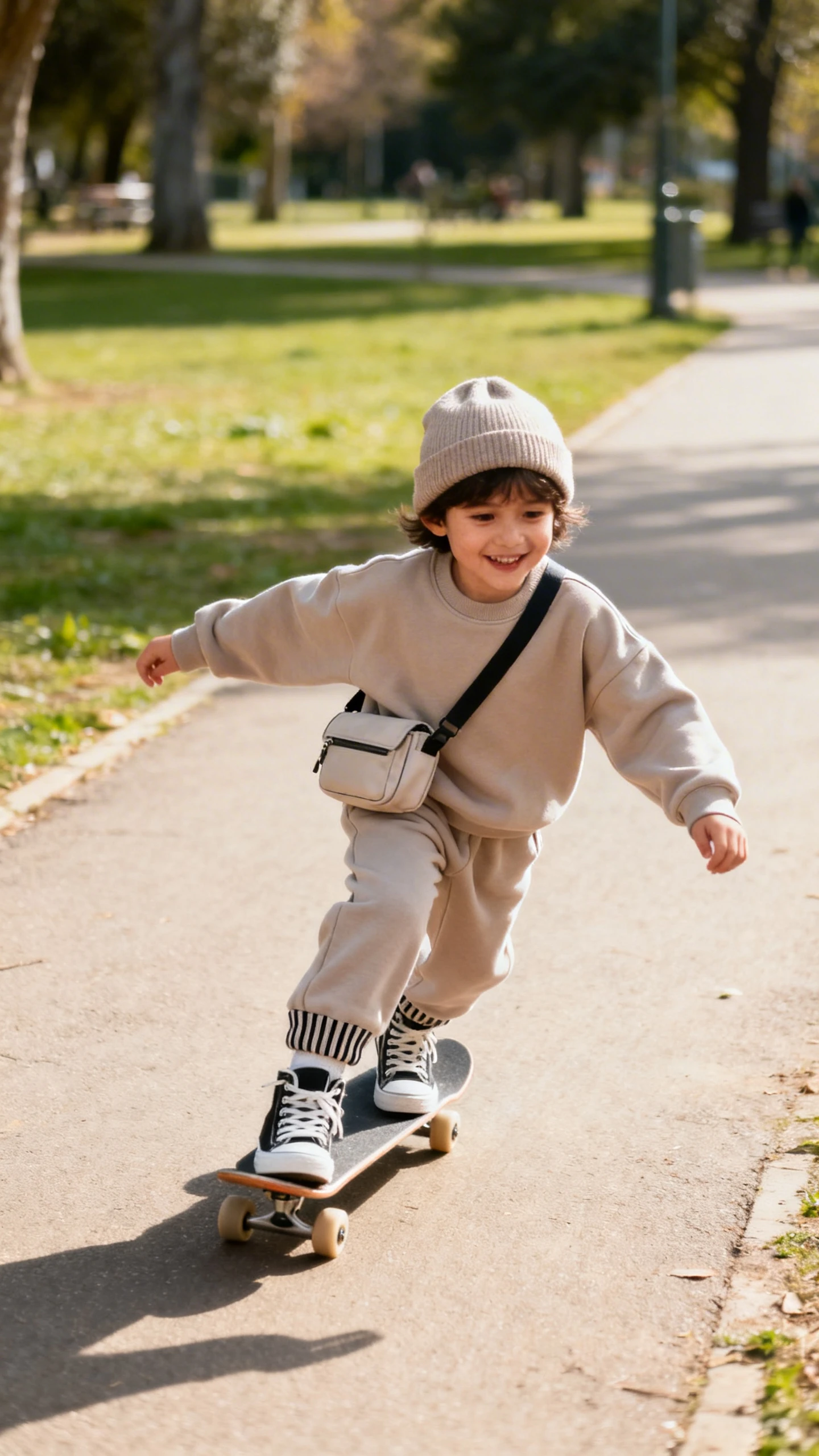 A child wearing a matching sweatshirt and joggers sweat set with ribbed cuffs, high-top sneakers, a simple beanie, and a mini crossbody bag, happy, scooting down a park path, casual iPhone photo style, sunny day, outdoor setting.