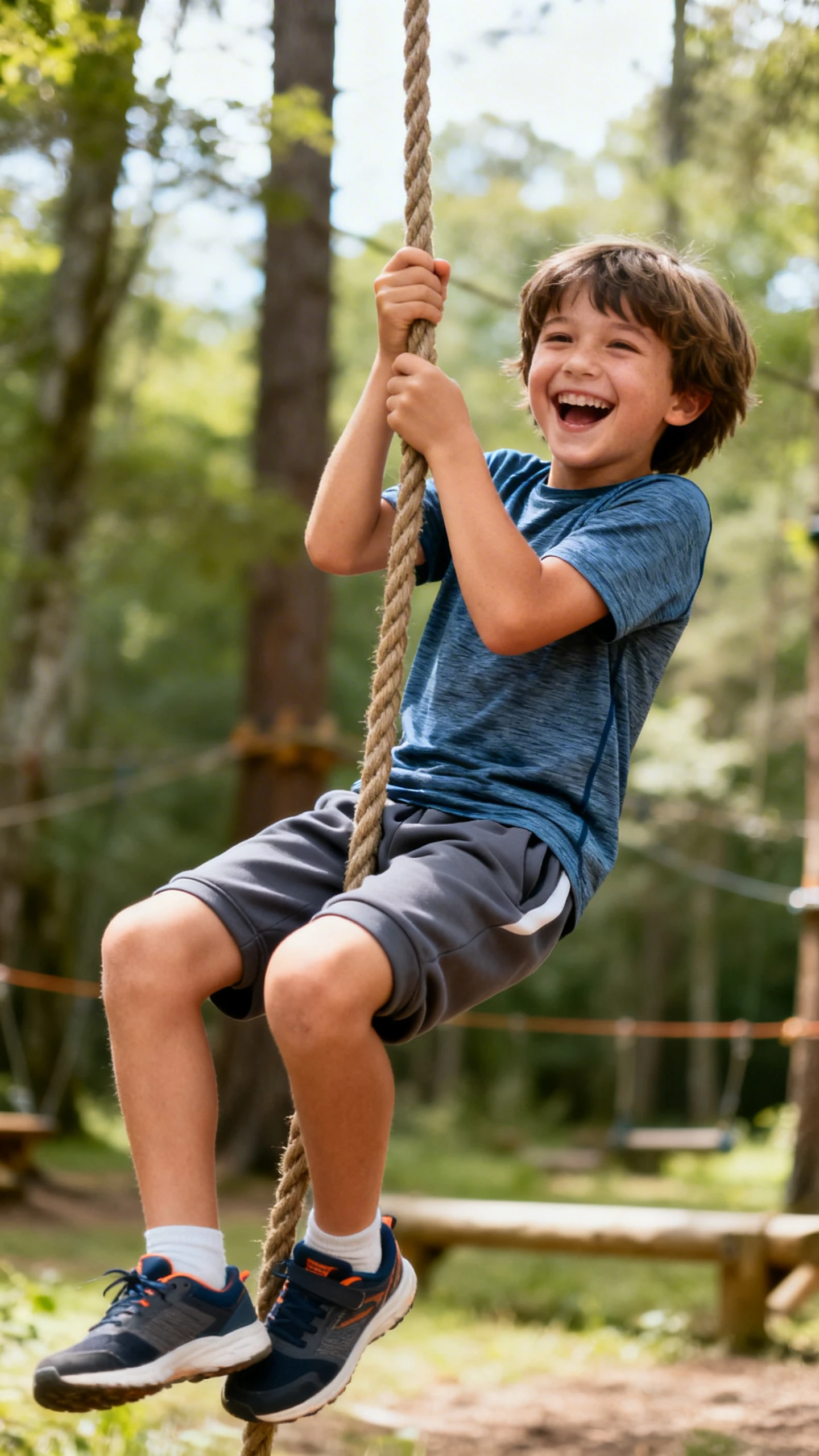 A child wearing a moisture-wicking tech tee and jogger shorts with running shoes, happy, climbing a camp obstacle rope and laughing, casual iPhone photo style, natural daylight, outdoor setting.