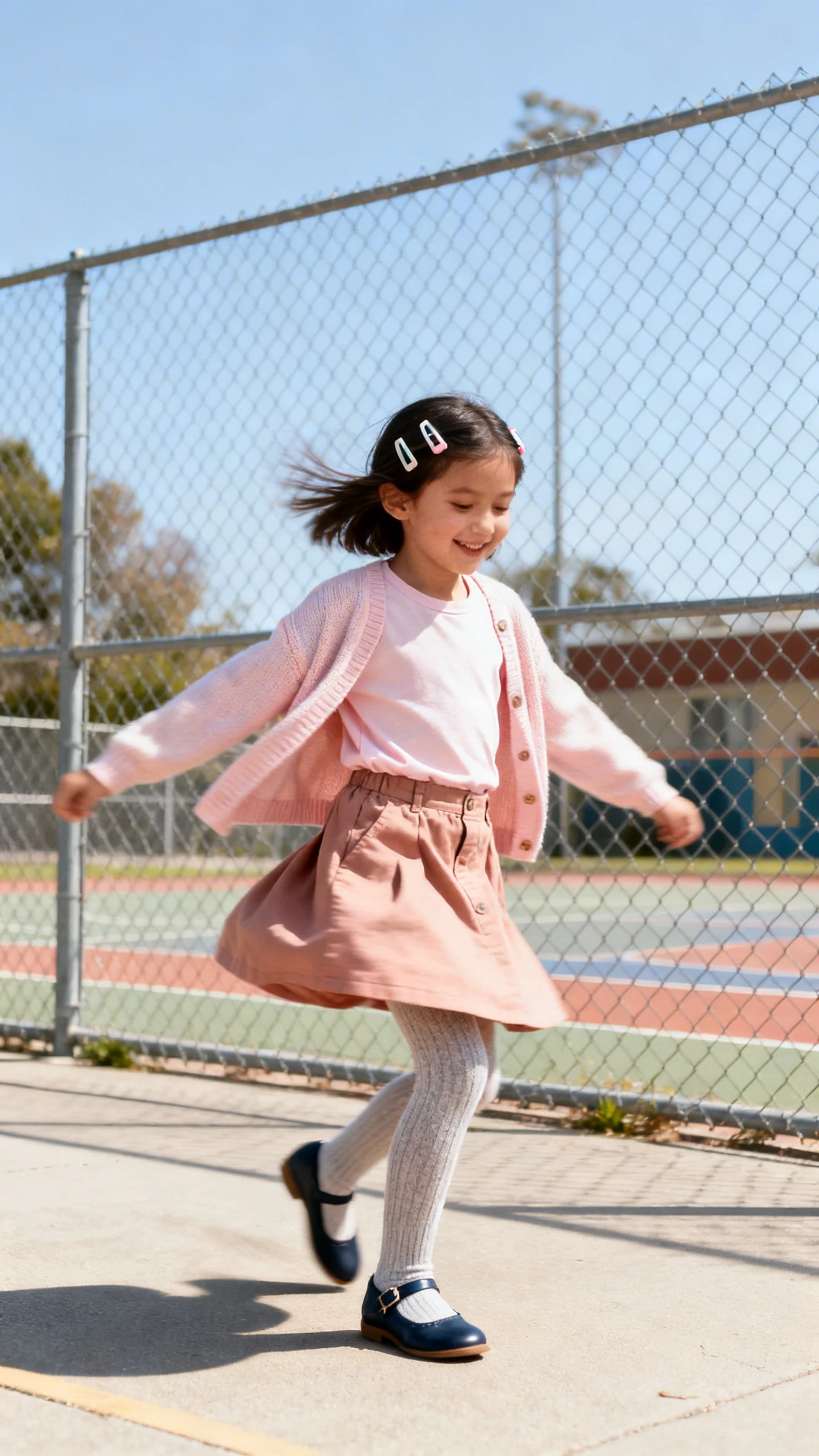 A child wearing a pastel cotton cardigan, a plain crewneck tee, a twill skort, knit tights, Mary Jane sneakers, and clip-on barrettes, happy, spinning by a schoolyard fence, casual iPhone photo style, sunny day, outdoor setting.