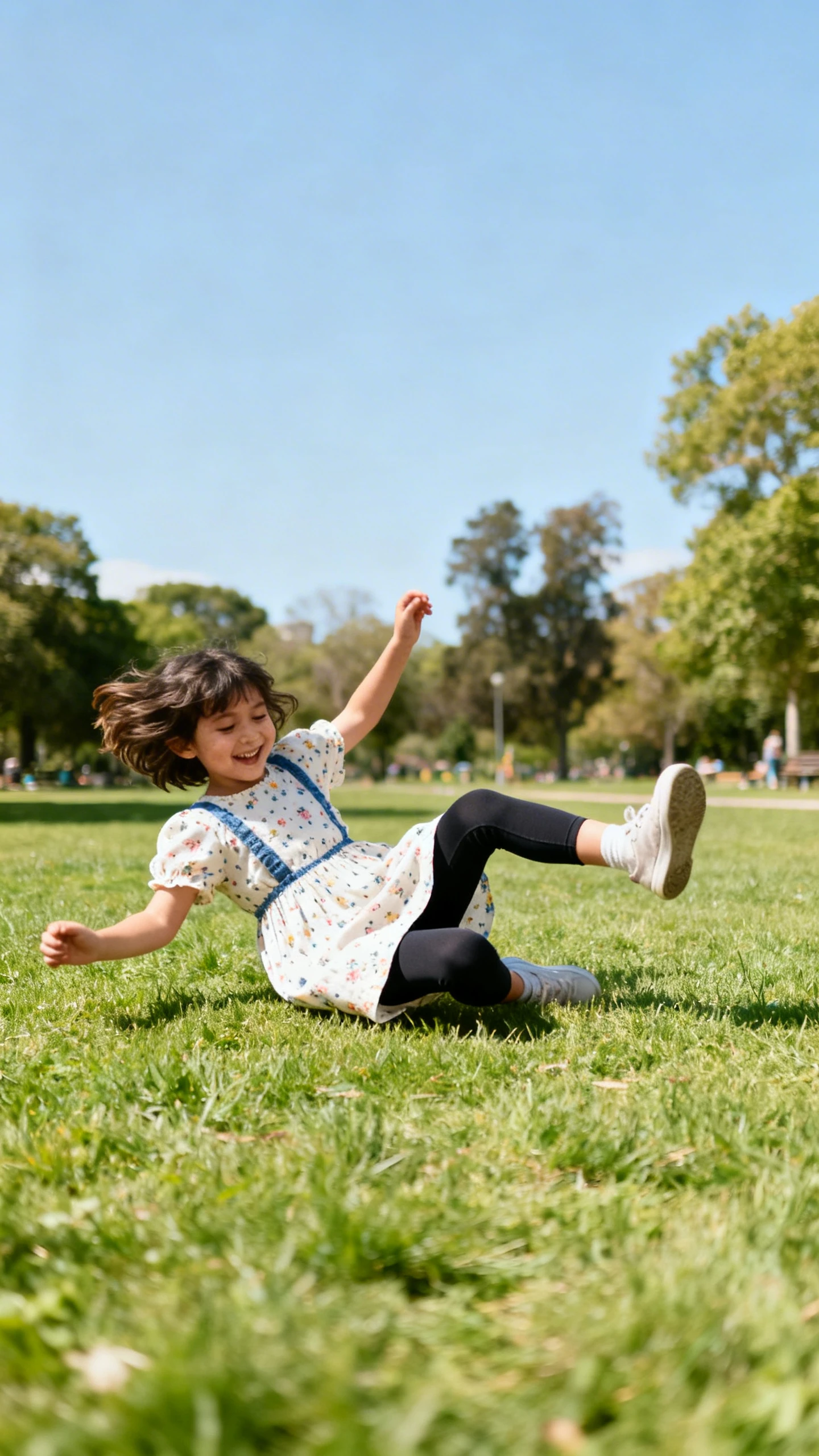 A child wearing a play-ready cotton dress over biker shorts, happy, twirling and then tumbling onto soft grass at the park, candid angle, casual iPhone photo style, natural daylight, outdoor setting.