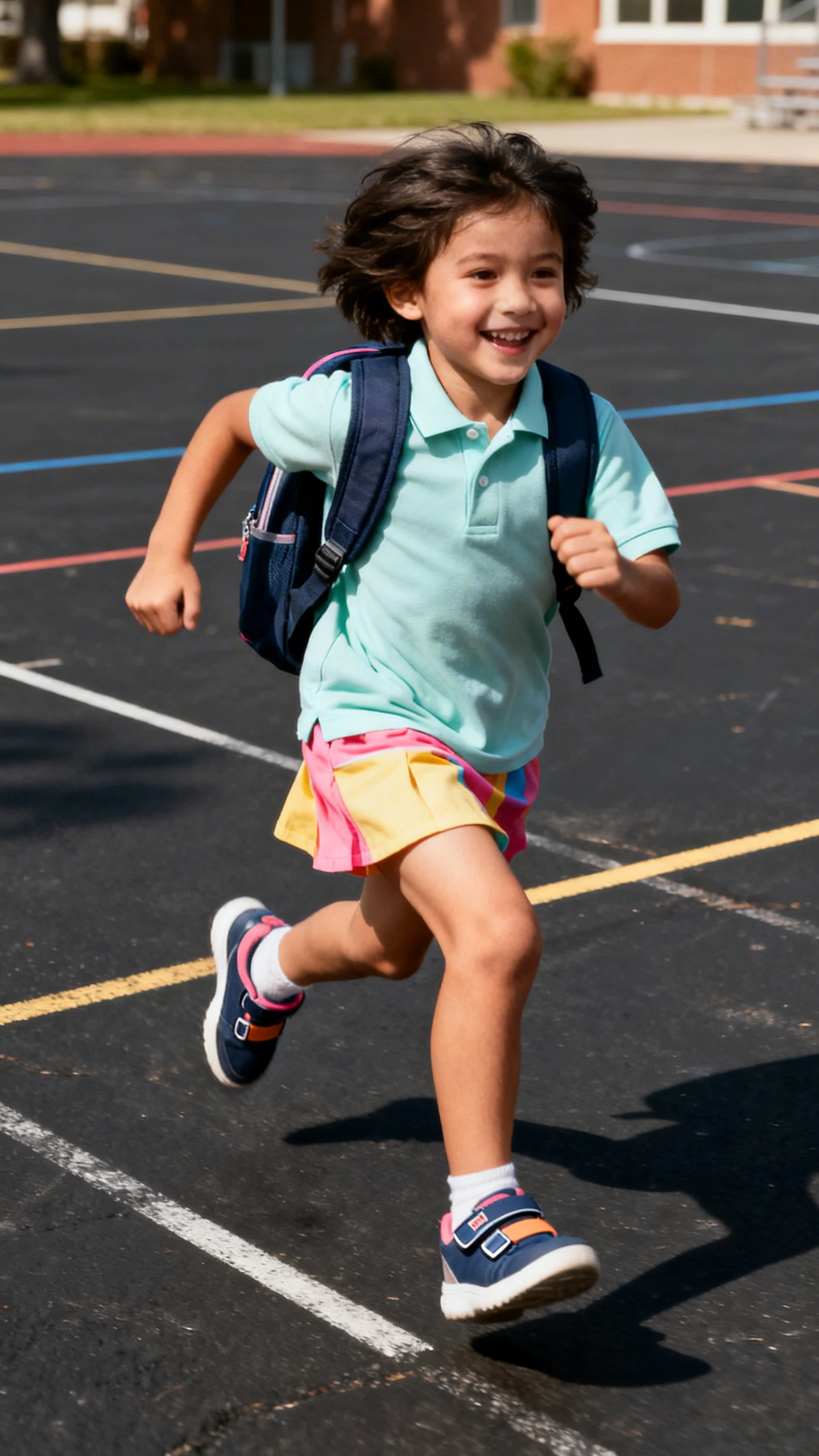 A child wearing a play skort and breathable polo with Velcro sneakers and a small backpack, happy, racing across a schoolyard blacktop, casual iPhone photo style, natural daylight, outdoor setting.