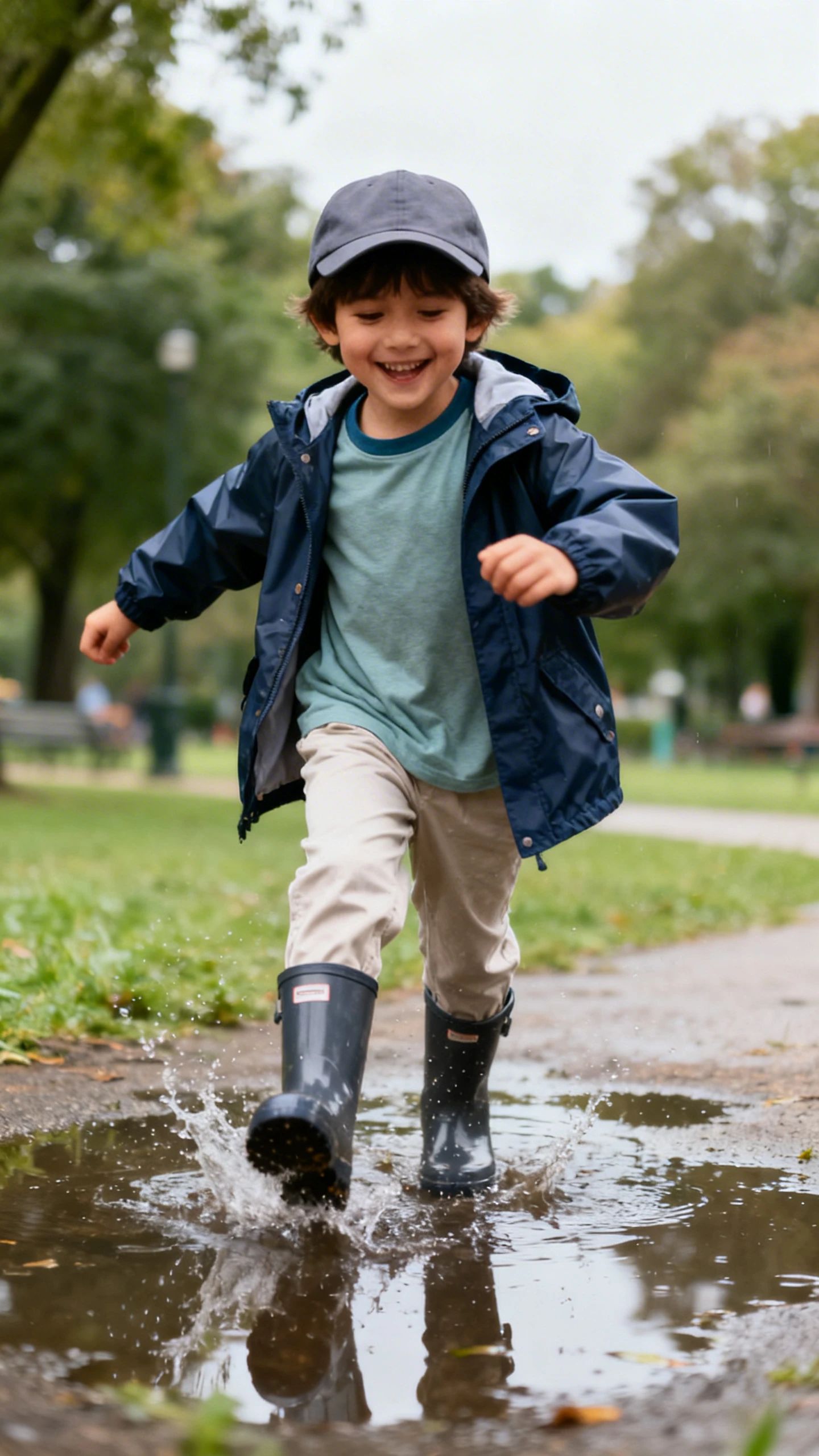 A child wearing a rain-ready layered look: waterproof rain jacket over a long-sleeve tee, lightweight pants, rain boots, and a cap, happy, splashing near puddles at the park, casual iPhone photo style, natural daylight, outdoor setting.
