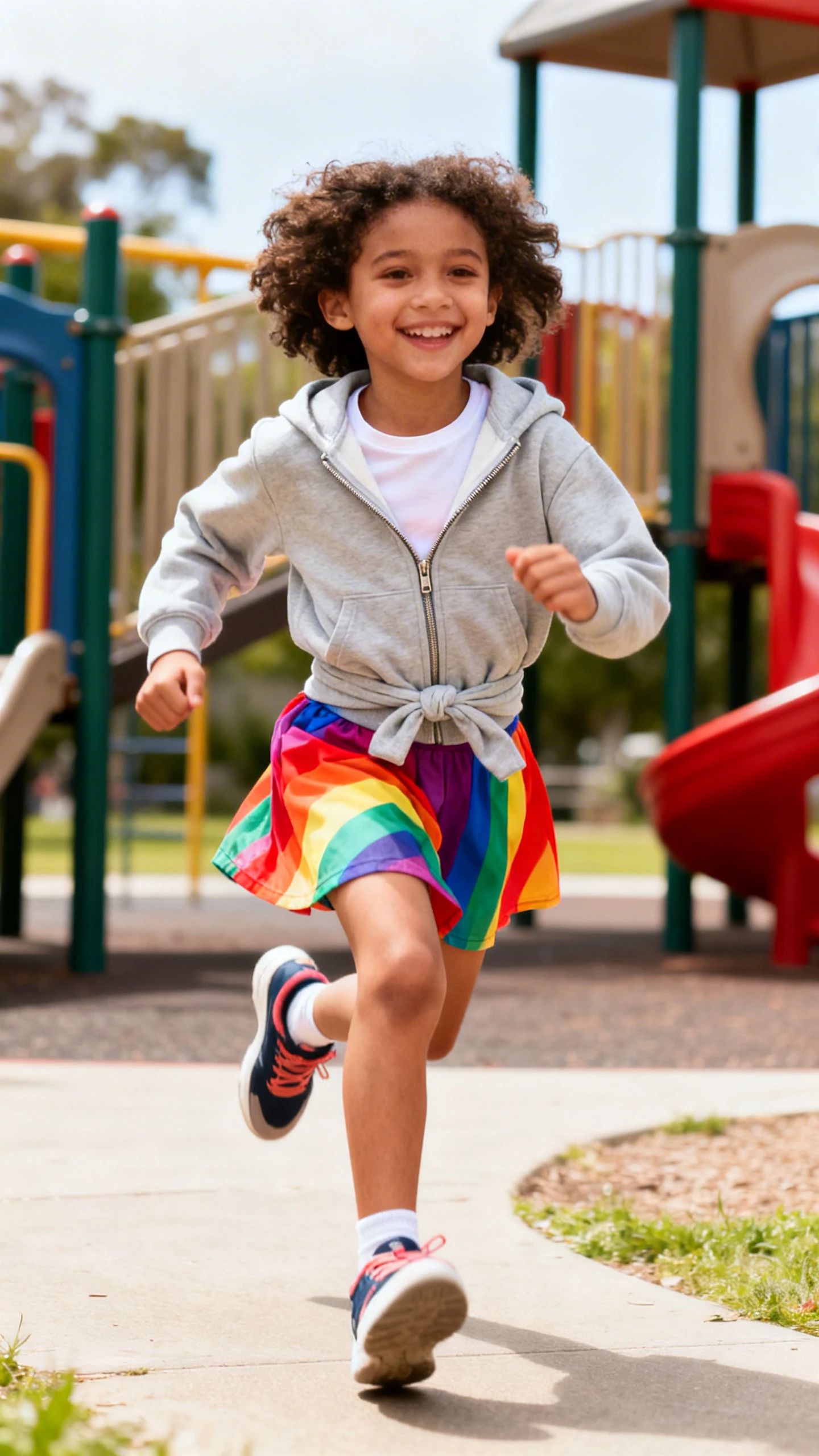 A child wearing a rainbow skort with a breathable tee and a lightweight zip hoodie tied at the waist, plus running shoes, happy, sprinting across a playground, casual iPhone photo style, natural daylight, outdoor setting.