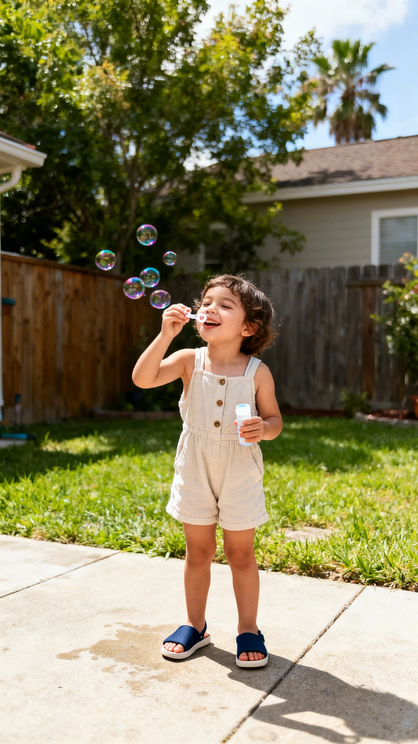 A child wearing a romper/one-piece shortall with slip-on sandals, happy, blowing bubbles in a backyard, casual iPhone photo style, sunny day, outdoor setting.
