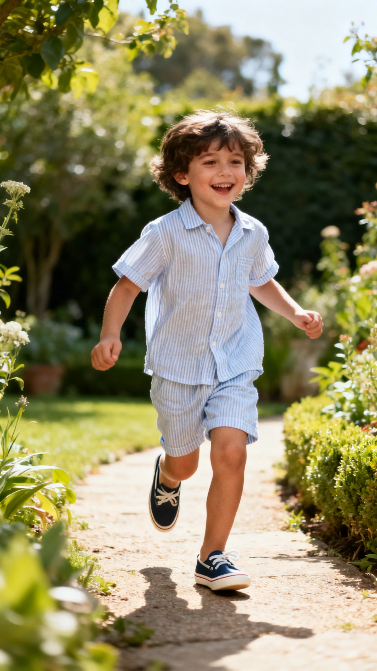A child wearing a seersucker short-sleeve shirt and matching shorts with boat shoes, happy, skipping along a garden path, casual iPhone photo style, sunny day, outdoor setting.