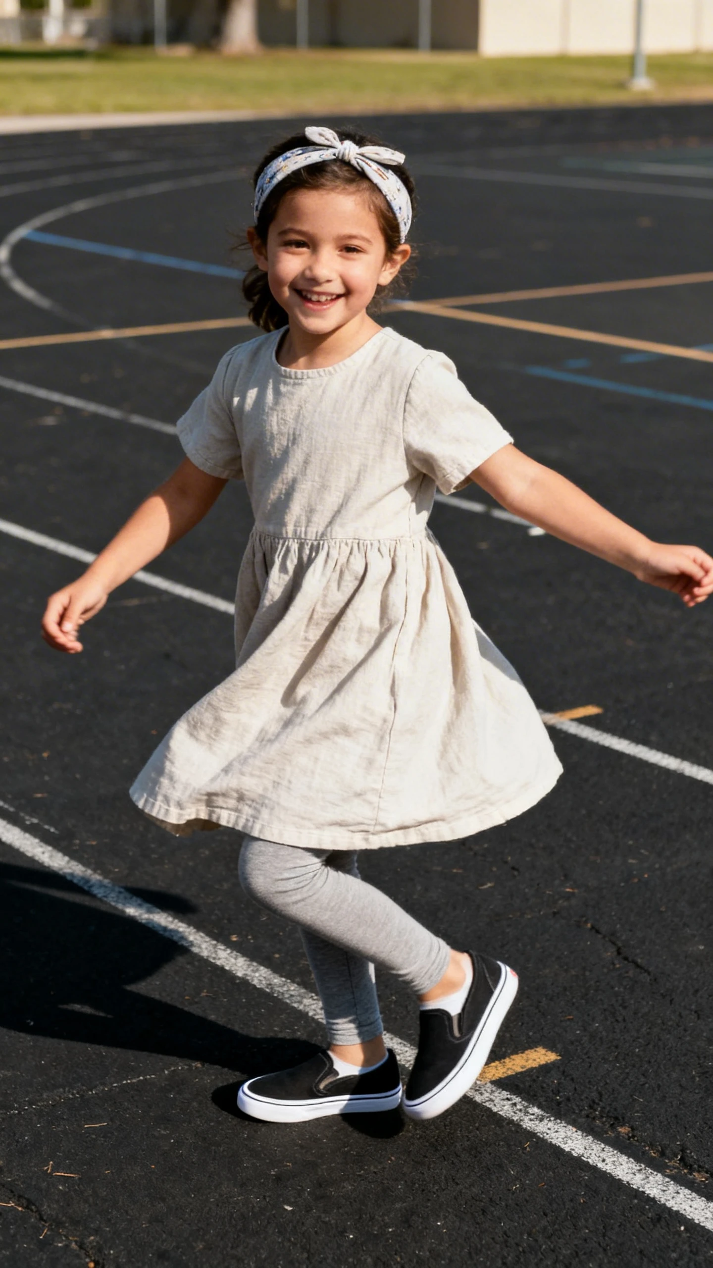 A child wearing a simple cotton dress over full-length leggings with slip-on sneakers and a headband, happy, twirling on a school blacktop, casual iPhone photo style, sunny day, outdoor setting.