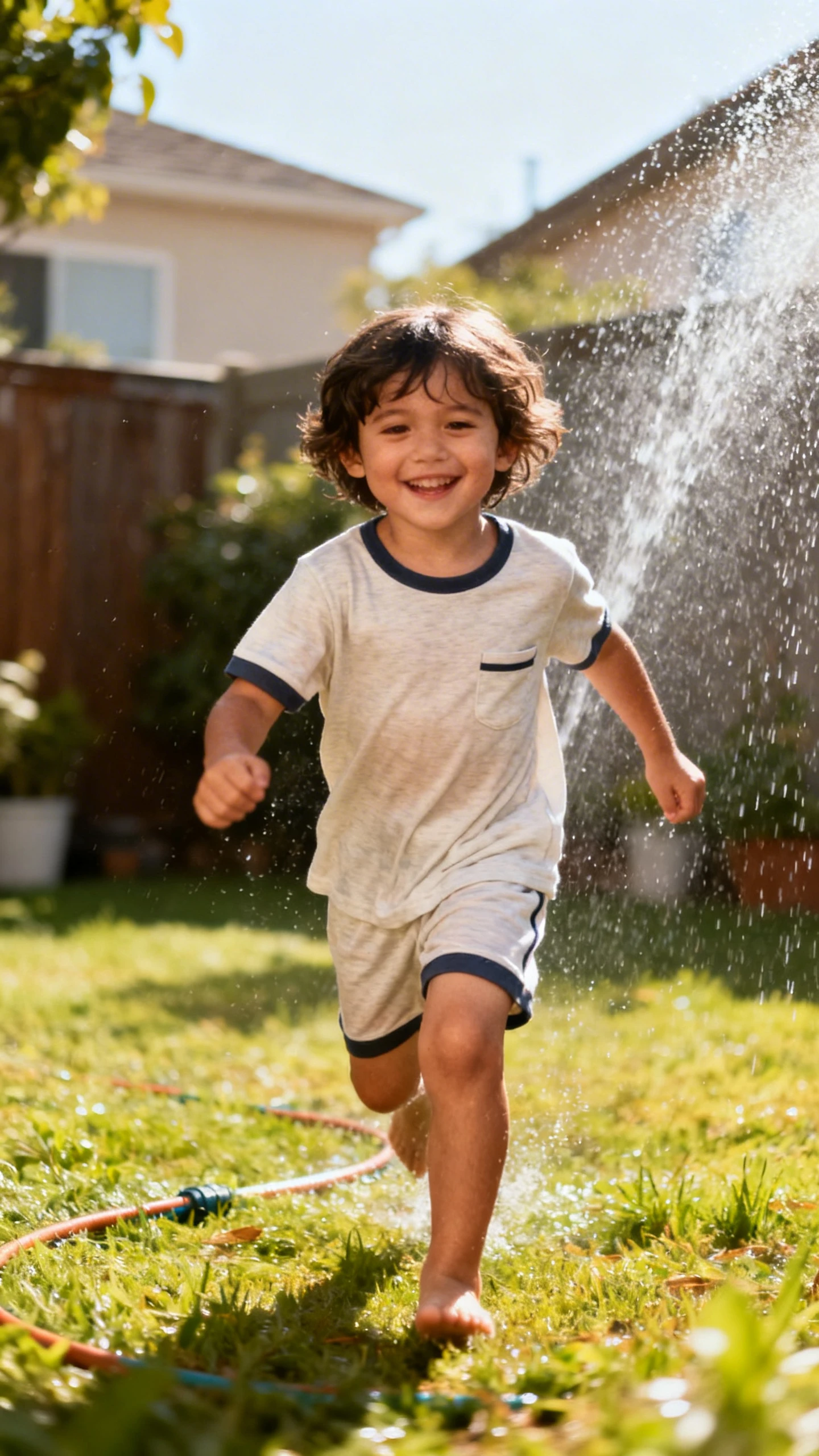 A child wearing a soft matching short set (tee and shorts that look coordinated but feel like pajamas), happy, running through sprinklers in the backyard, warm tones, casual iPhone photo style, natural daylight, outdoor setting.