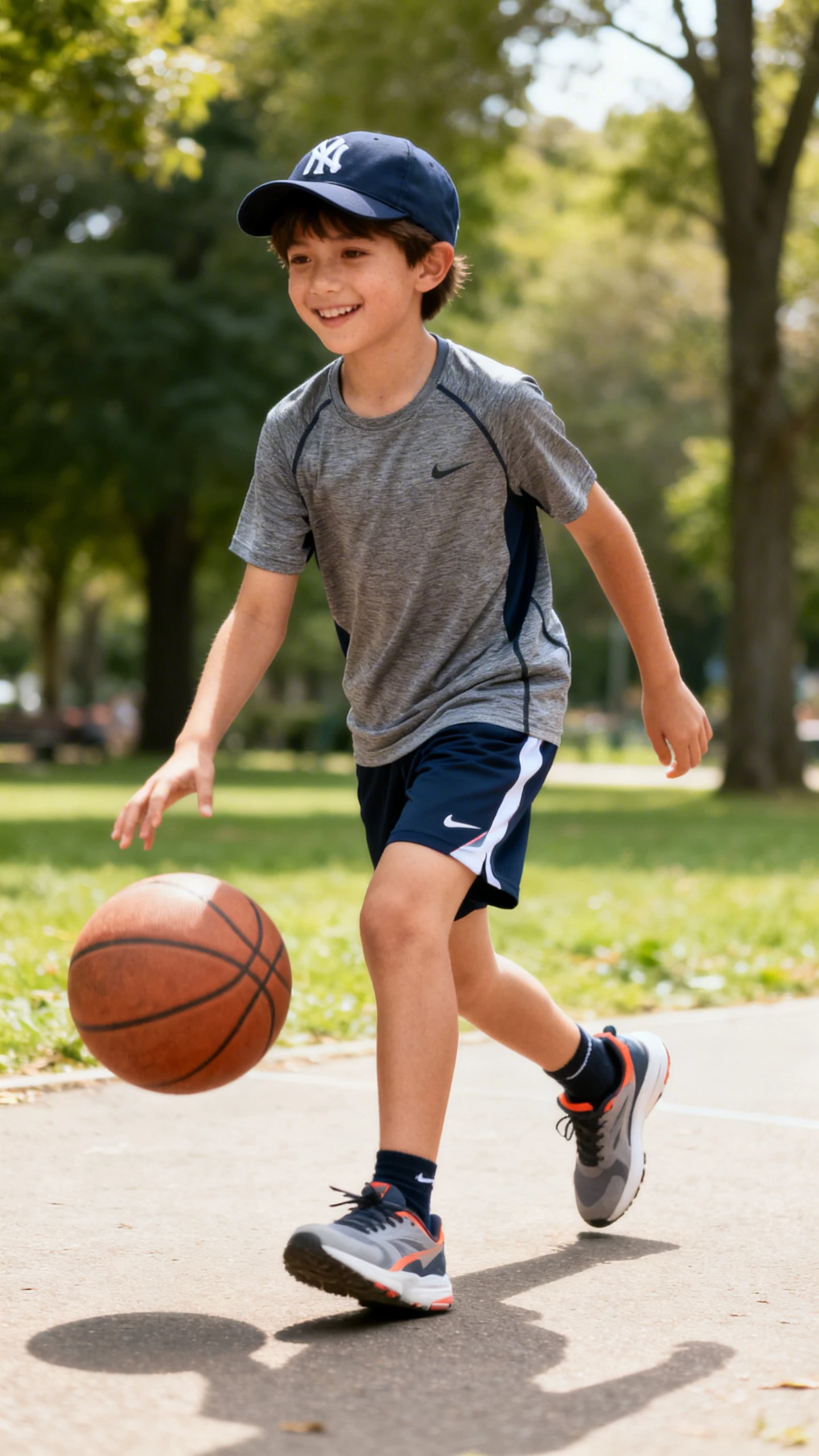 A child wearing a sporty matching shorts set (performance shorts and moisture-wick tee) with a baseball cap and trainers, happy, dribbling a ball in a park, casual iPhone photo style, natural daylight, outdoor setting.