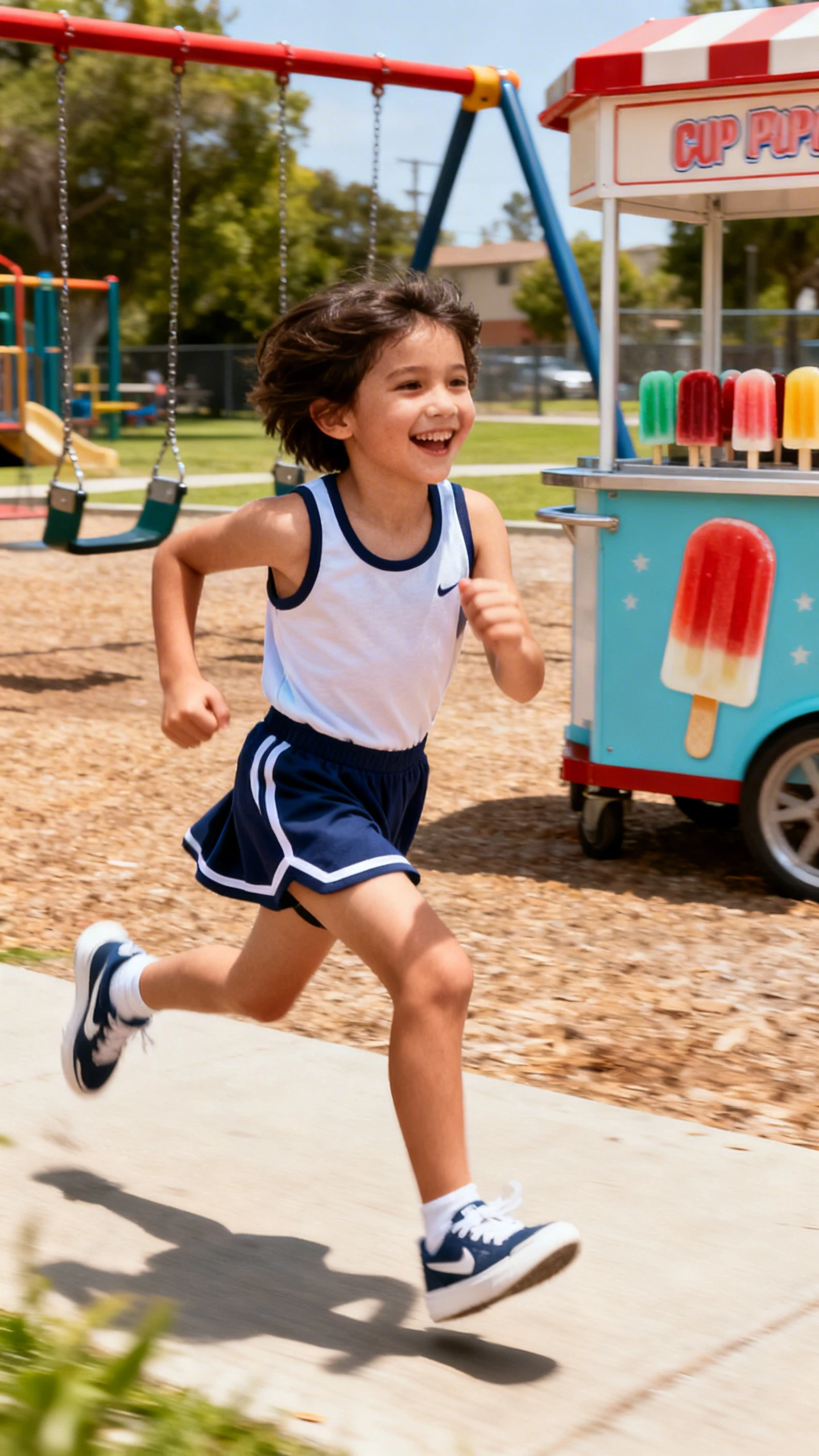 A child wearing a sporty tank and matching skort set with sneakers, happy, racing from swings to a popsicle cart at the playground, motion blur, casual iPhone photo style, natural daylight, outdoor setting.
