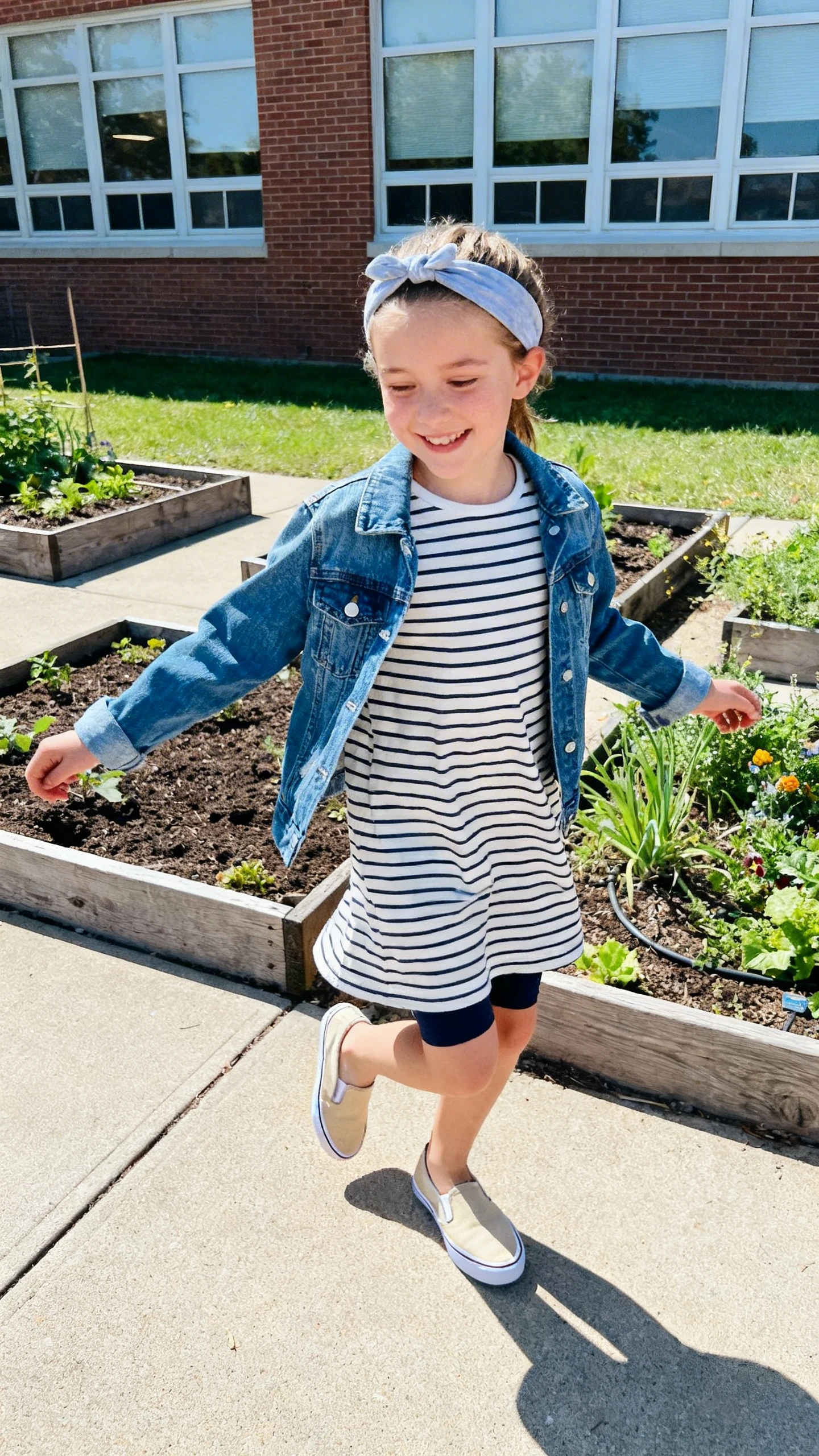 A child wearing a striped cotton t-shirt dress, stretch denim jacket, bike shorts underneath, lightweight canvas slip-ons, and a soft headband, happy, twirling near school garden beds, casual iPhone photo style, sunny day, outdoor setting.