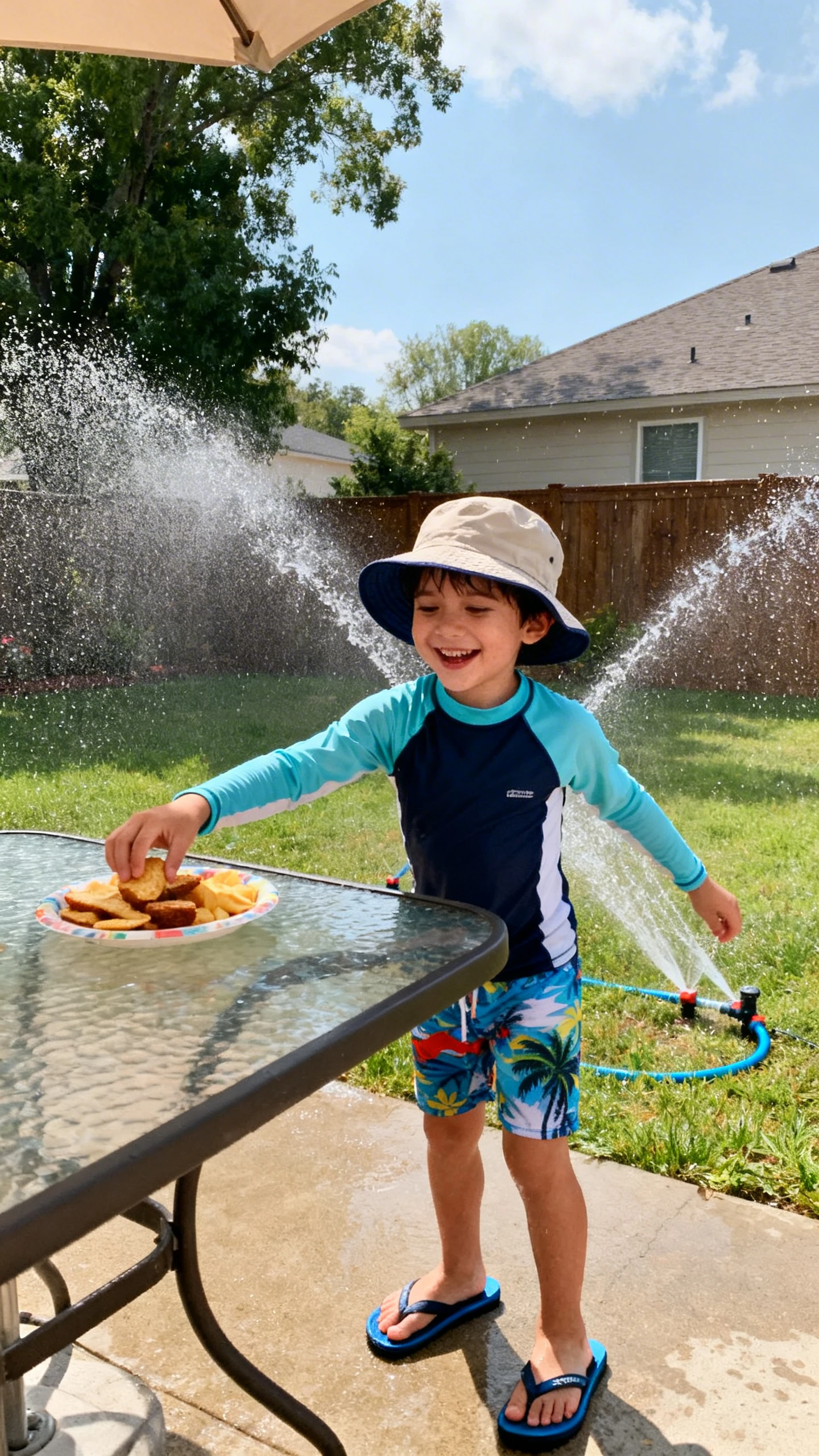 A child wearing a UV-protective swim top and board shorts with flip-flops and a sun hat, happy, splashing near backyard sprinklers then grabbing a snack at a patio table, casual iPhone photo style, natural daylight, outdoor setting.