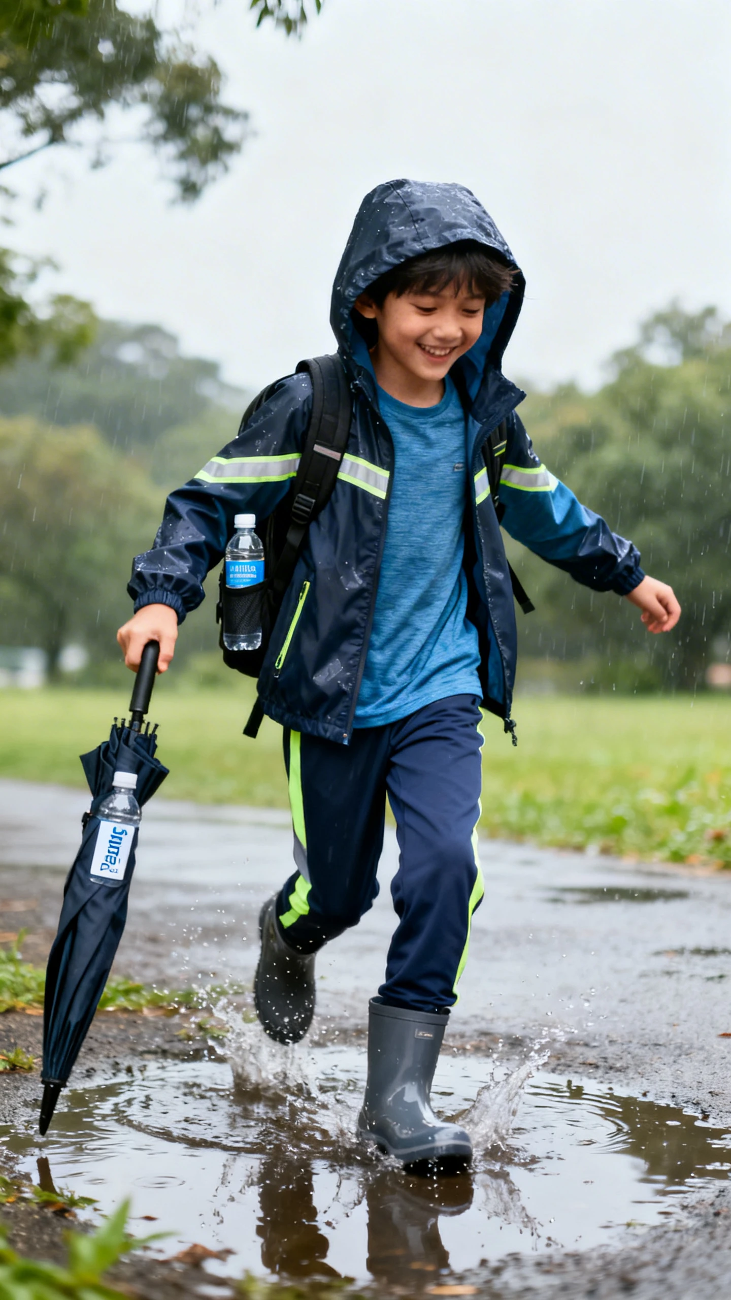 A child wearing a water-resistant hooded rain jacket with reflective details, moisture-wicking long-sleeve tee, quick-dry joggers, waterproof boots, holding a compact umbrella with a labeled water bottle in backpack side pocket, happy, splashing a small puddle after rain, casual iPhone photo style, bright post-rain light, outdoor setting.