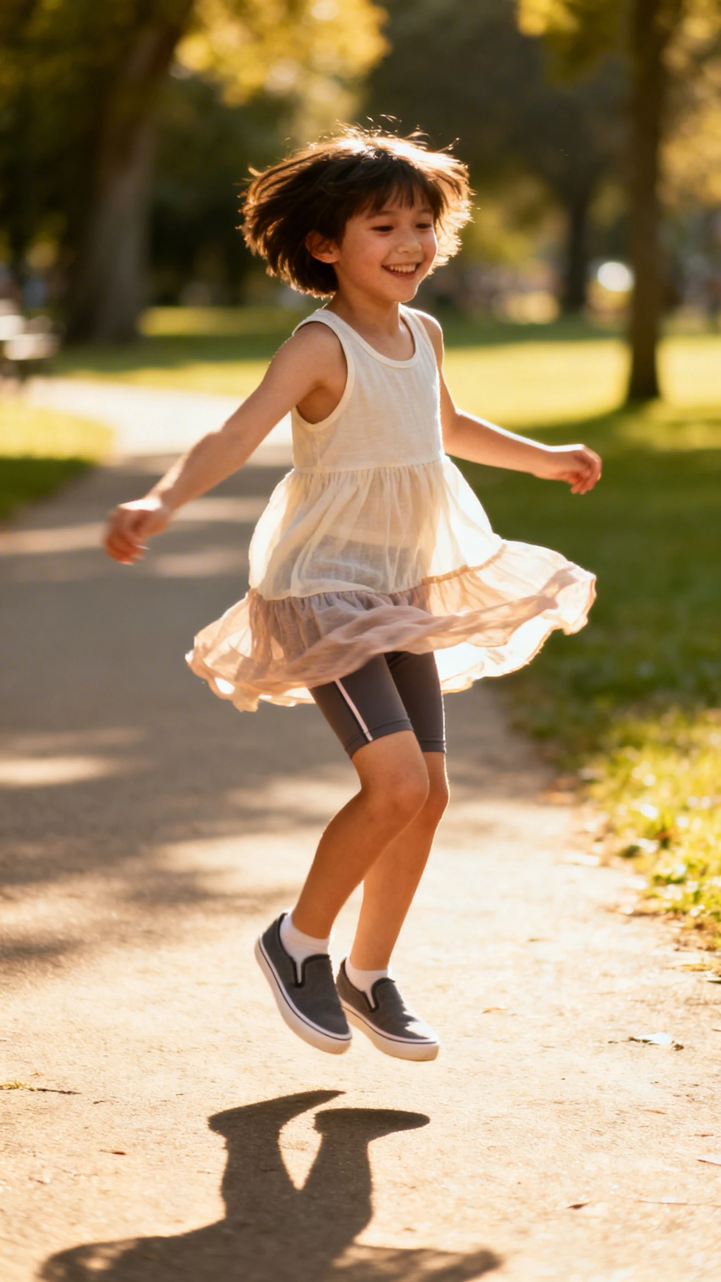 A child wearing an airy tank dress layered over bike shorts with slip-on sneakers, happy, twirling and jumping on a sunlit park path, casual iPhone photo style, sunny day, outdoor setting.