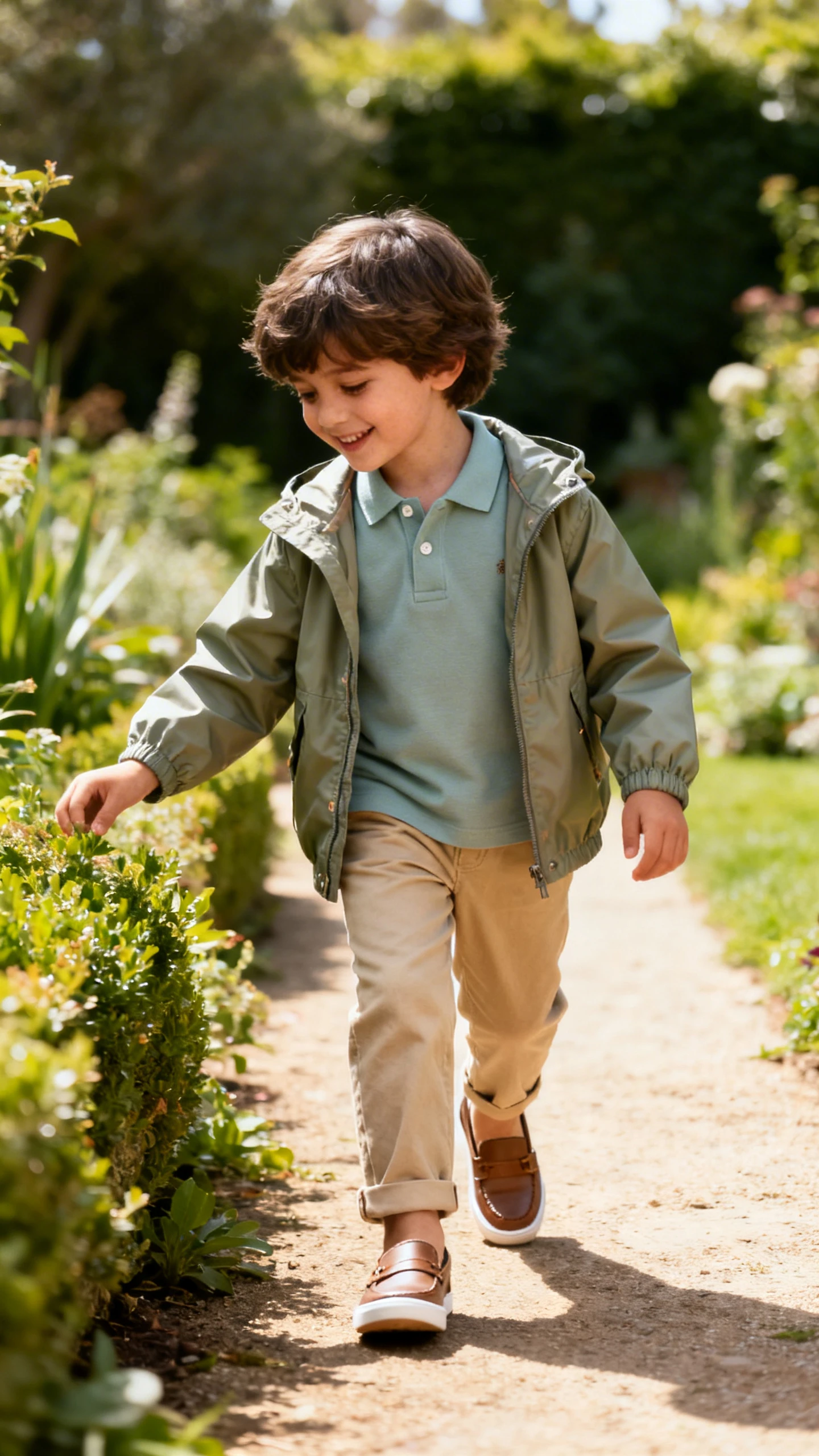A child wearing cotton-chino pants with a soft polo and lightweight windbreaker, plus loafers or clean sneakers, happy, exploring a garden path, casual iPhone photo style, sunny day, outdoor setting.