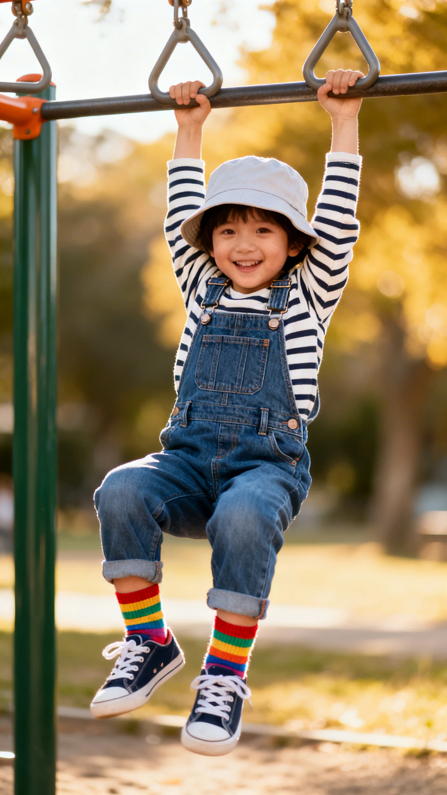 A child wearing denim overalls with adjustable straps, a striped long-sleeve tee, colorful crew socks, classic sneakers, and a light bucket hat, happy, hanging from monkey bars, casual iPhone photo style, natural daylight, outdoor setting.