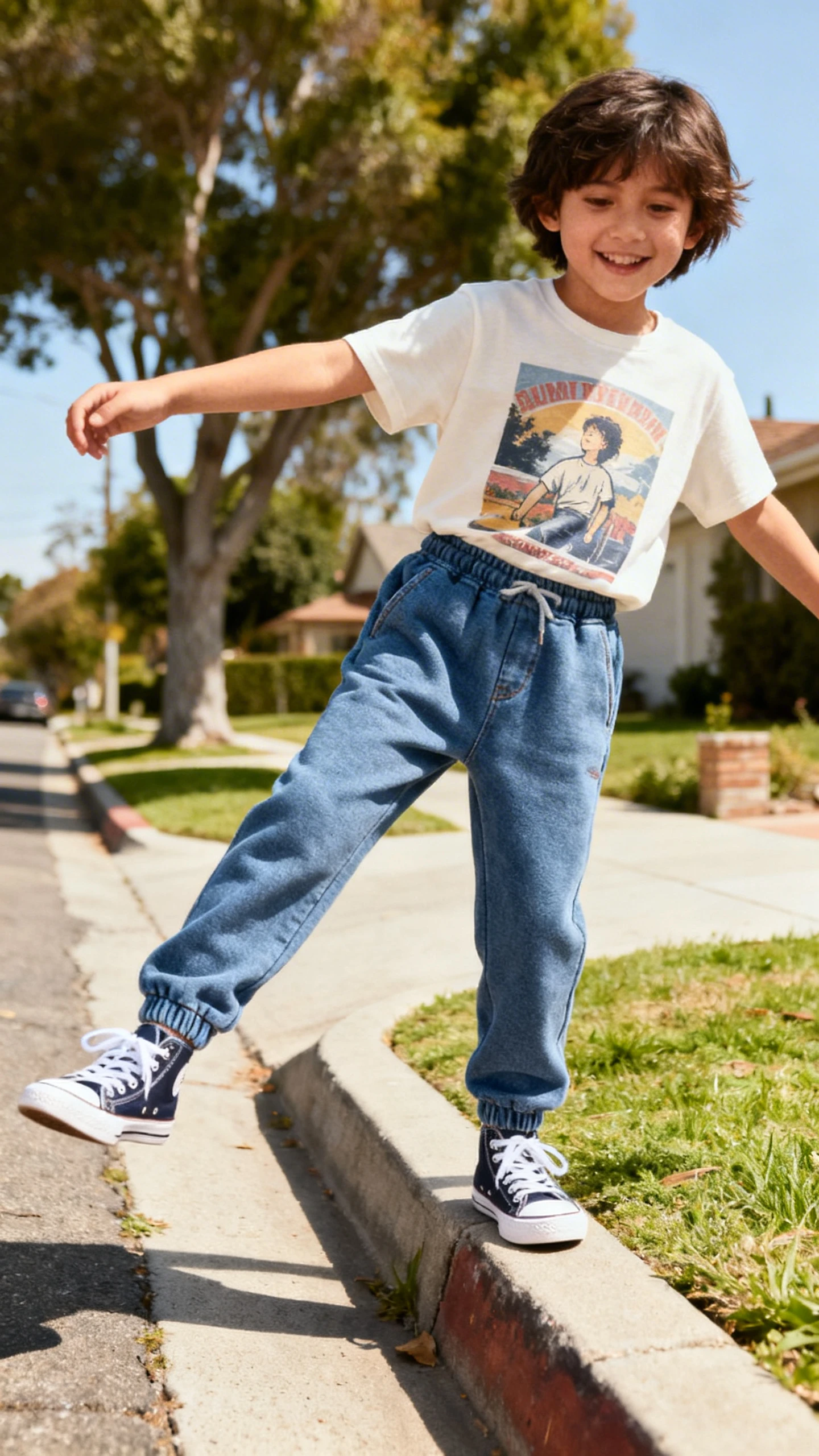 A child wearing soft stretch denim jeans that feel like sweatpants with a relaxed graphic tee and canvas sneakers, happy, balancing on a curb in the neighborhood, casual iPhone photo style, sunny day, outdoor setting.