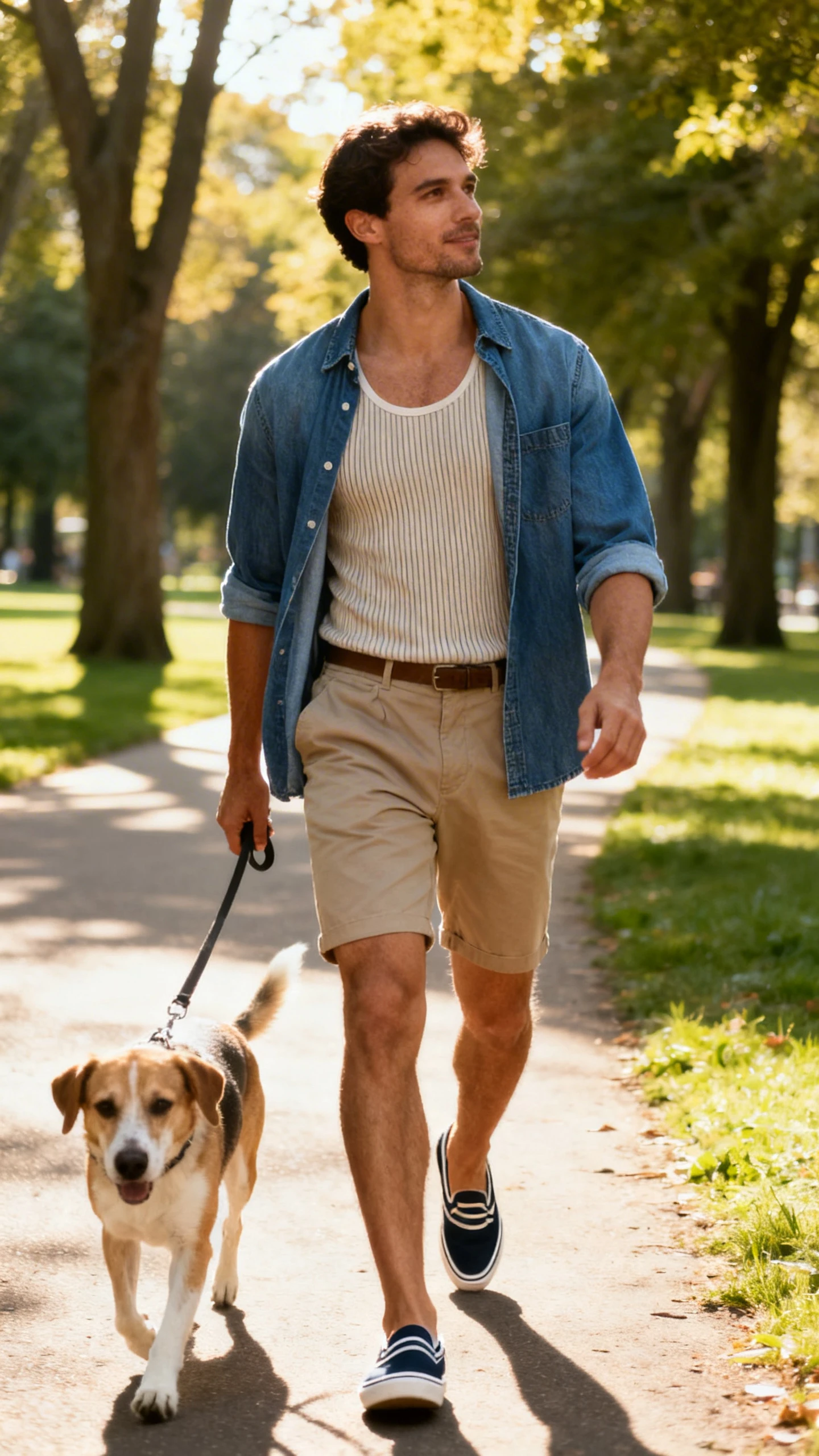 A man wearing a denim overshirt over a ribbed tank with chino shorts and boat shoes, walking a dog along a tree-lined park path, casual iPhone photo style, sunny day, outdoor setting.