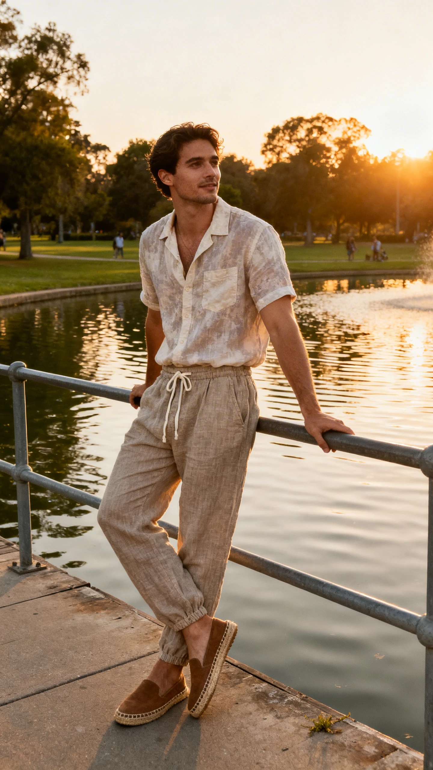 A man wearing a gauzy camp-collar shirt and drawstring linen pants with espadrilles, leaning on a pier railing at sunset in a park pond area, casual iPhone photo style, natural daylight, outdoor setting.