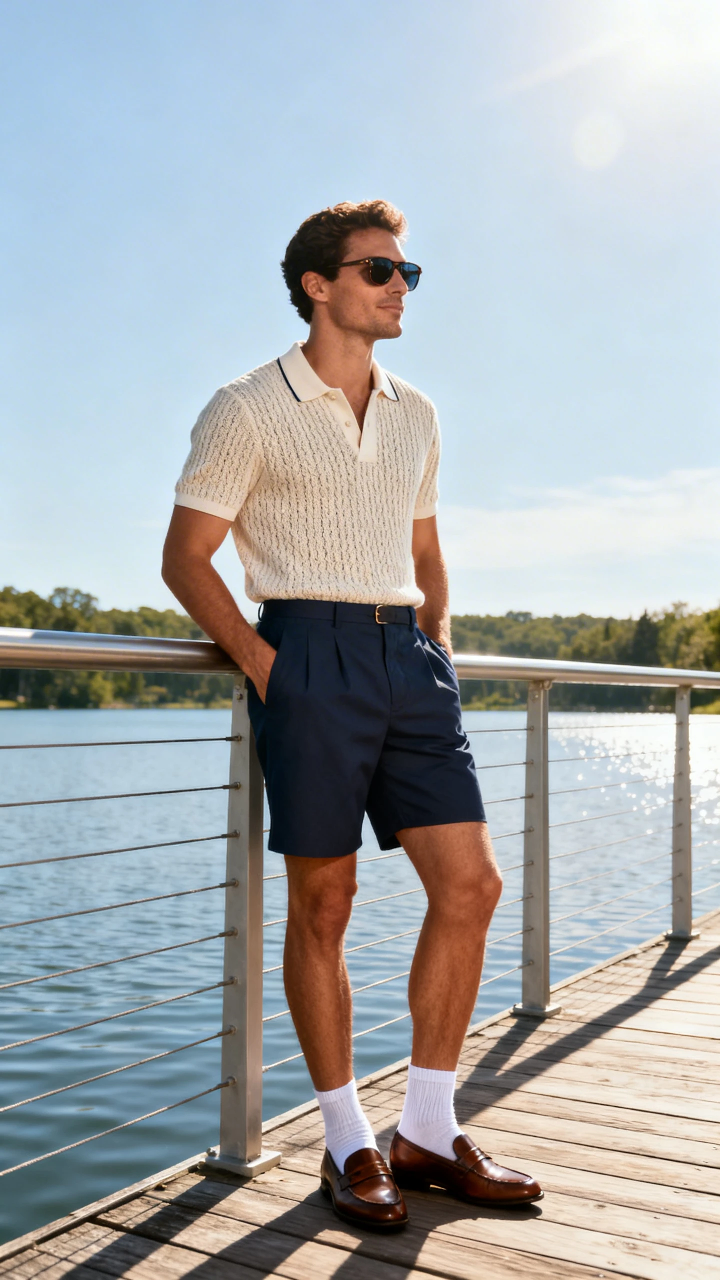 A man wearing a knit polo tucked into tailored swim shorts with loafers (no-show socks) and sunglasses, standing by a lakeside boardwalk railing, casual iPhone photo style, sunny day, outdoor setting.