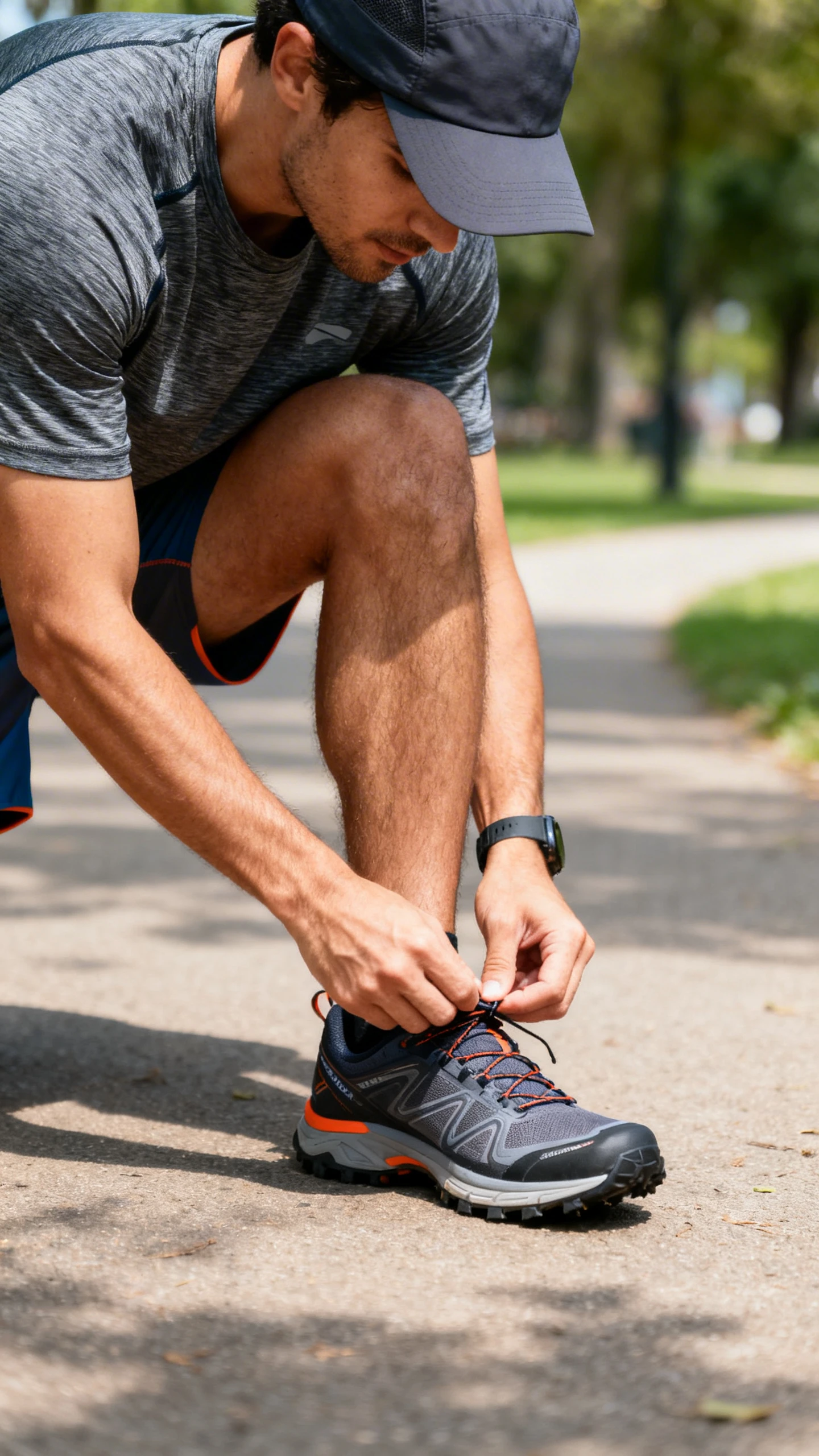 A man wearing a moisture-wicking tech tee, hybrid swim-hike shorts, trail runners, and a cap, pausing to tie his shoe on a park path, casual iPhone photo style, natural daylight, outdoor setting.