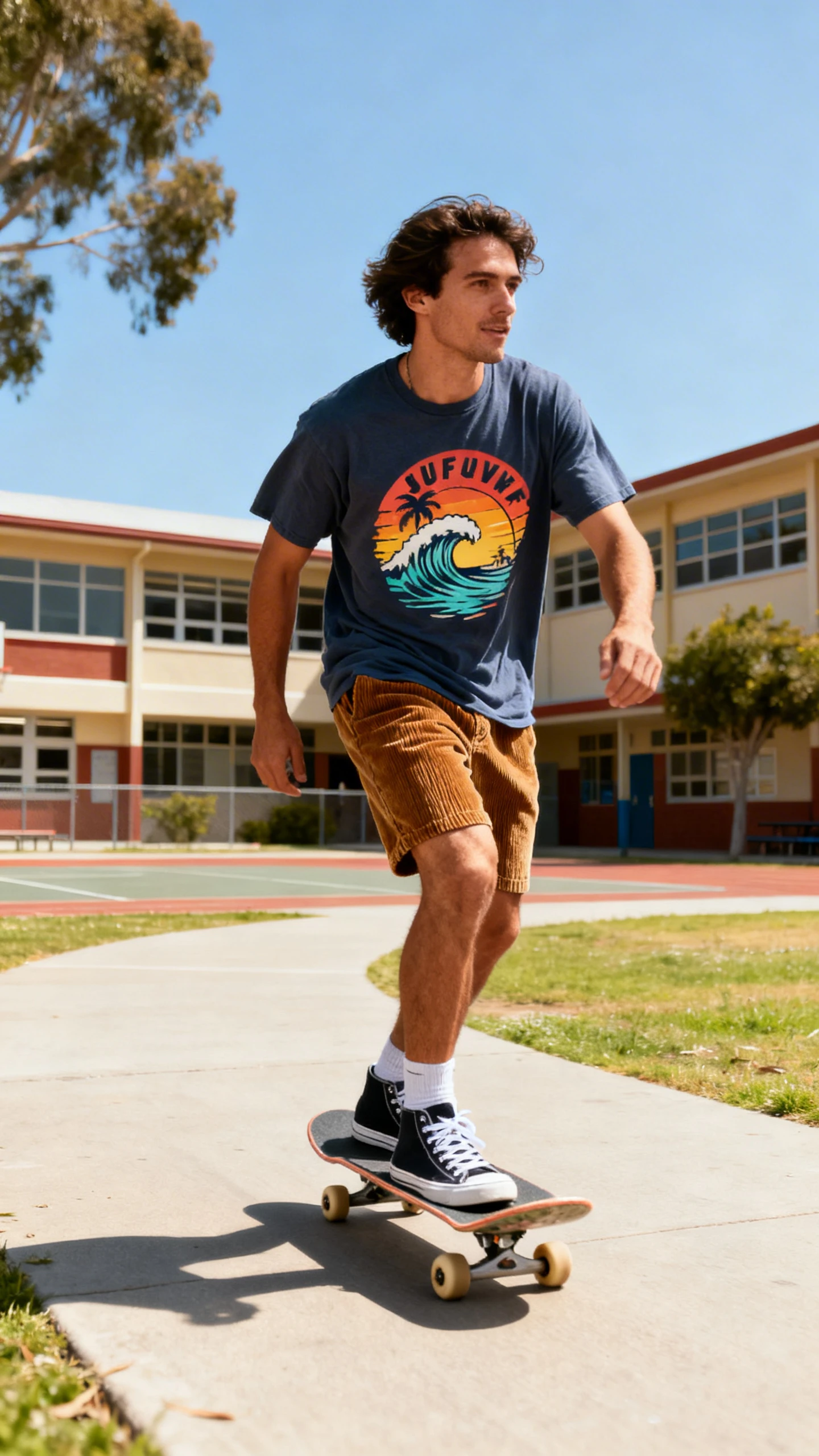 A man wearing a retro surf graphic tee and corduroy shorts with skate sneakers, coasting on a skateboard through a schoolyard, casual iPhone photo style, sunny day, outdoor setting.