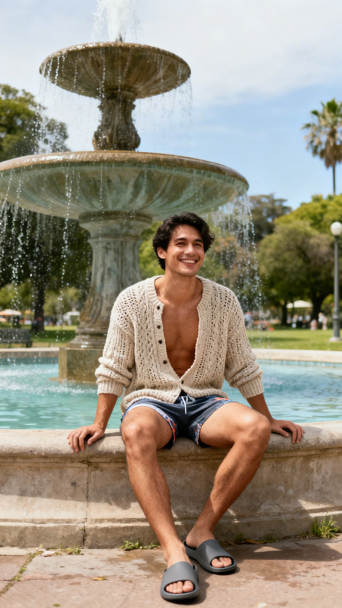 A man wearing an open-knit sweater with short swim trunks and slide sandals, sitting on the edge of a park fountain with a relaxed smile, casual iPhone photo style, natural daylight, outdoor setting.
