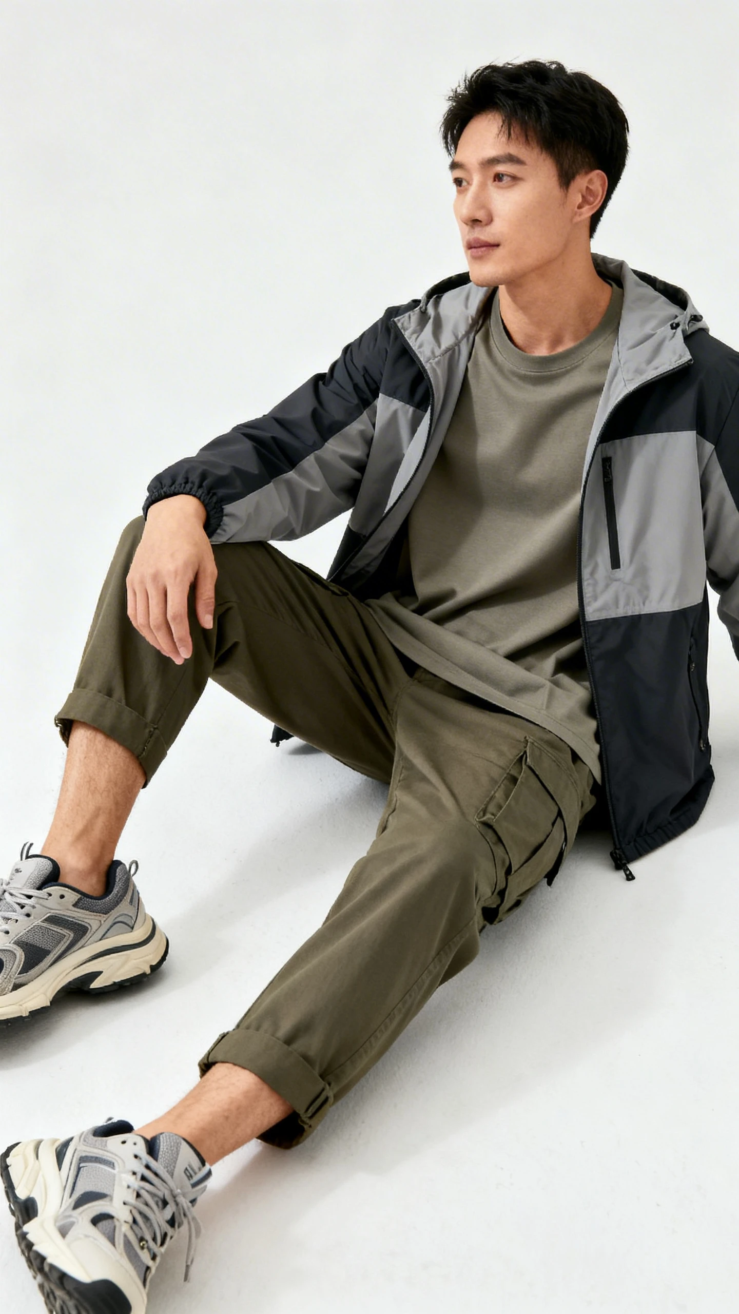 Clean studio shot of a man wearing a tech windbreaker over a boxy tee with cropped cargo pants and chunky sneakers, white background, studio lighting, relaxed pose, minimalist composition, high quality.